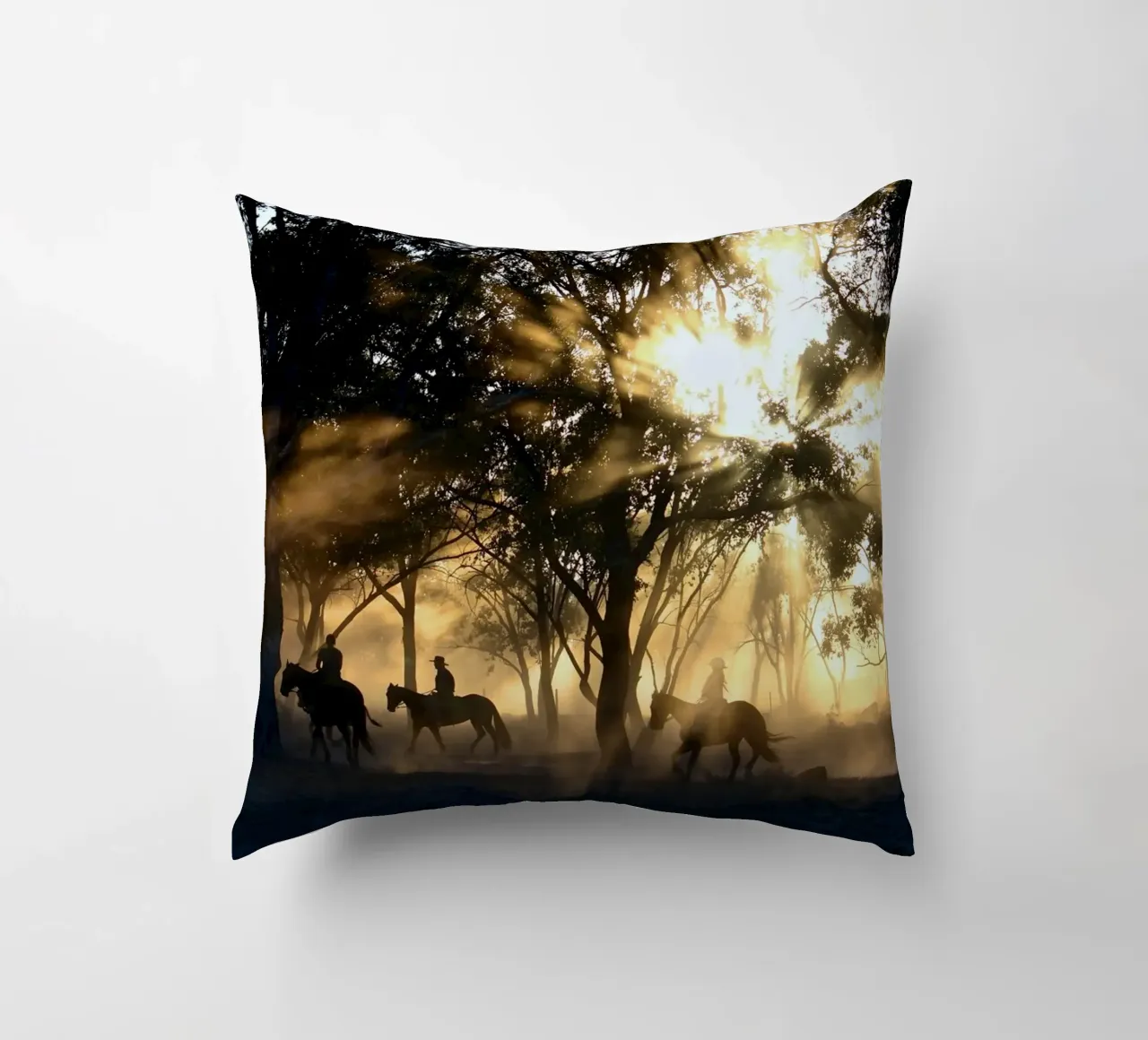 sunlight through trees and riders decorative cushion by Horsire