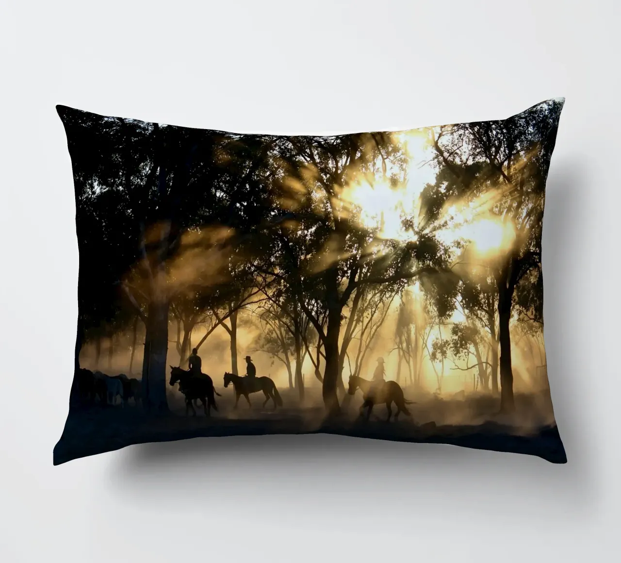 sunlight through trees and riders decorative cushion by Horsire