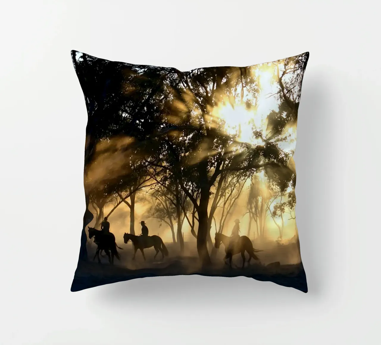 sunlight through trees and riders decorative cushion by Horsire