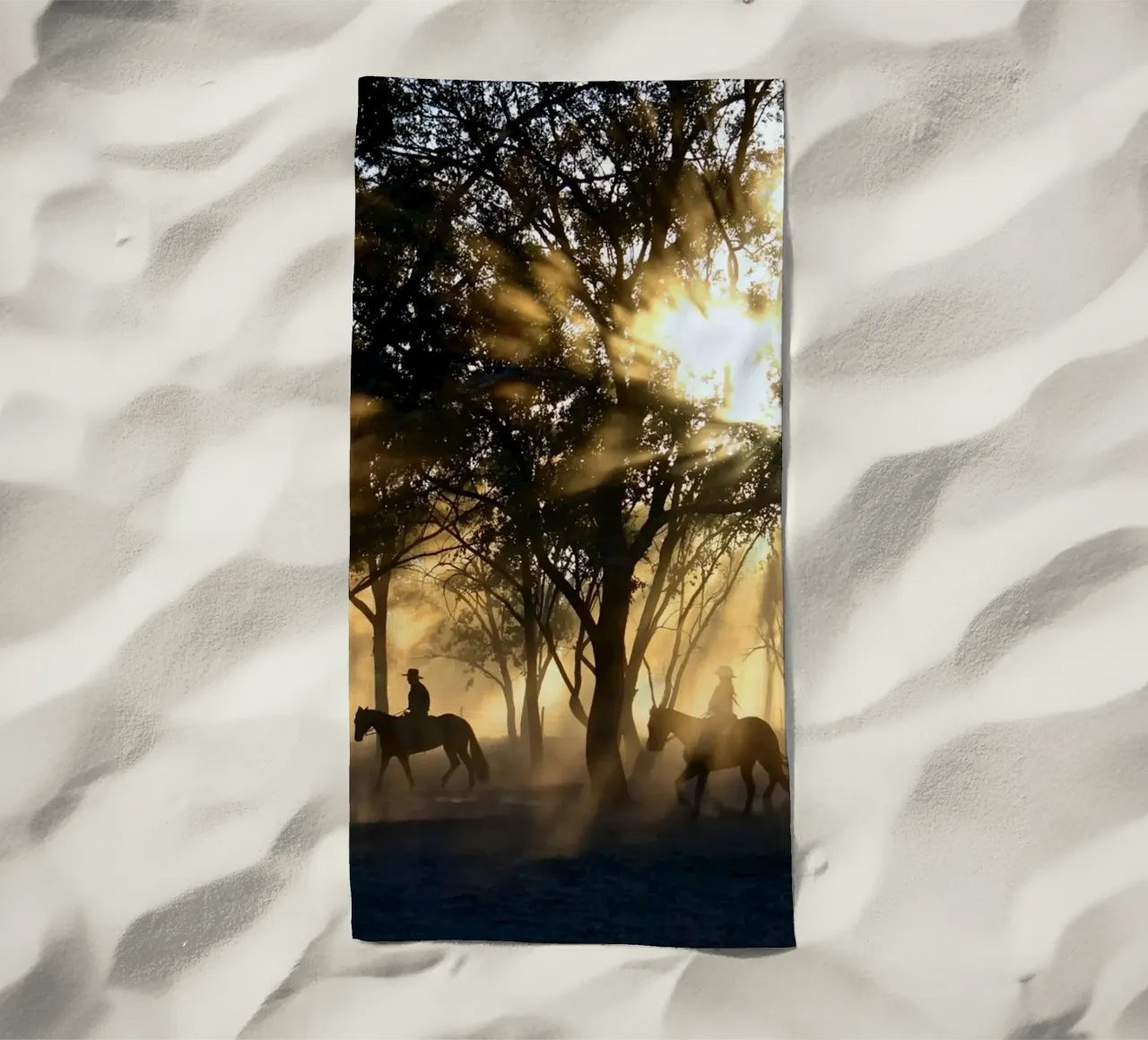 sunlight through trees and riders beach towel by Horsire