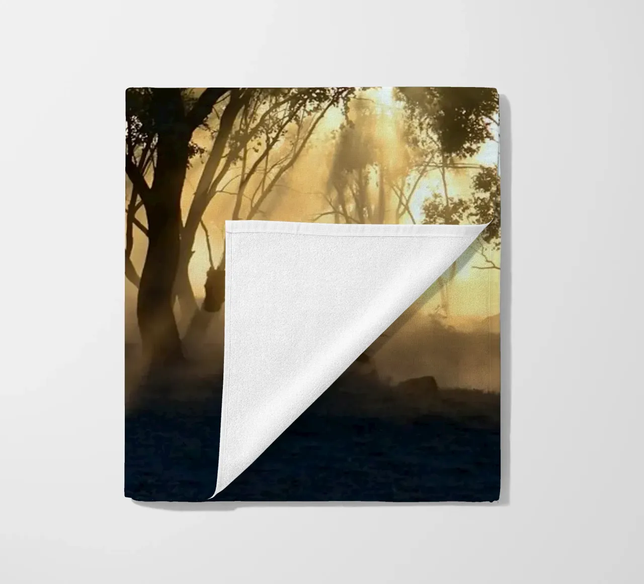 sunlight through trees and riders beach towel by Horsire