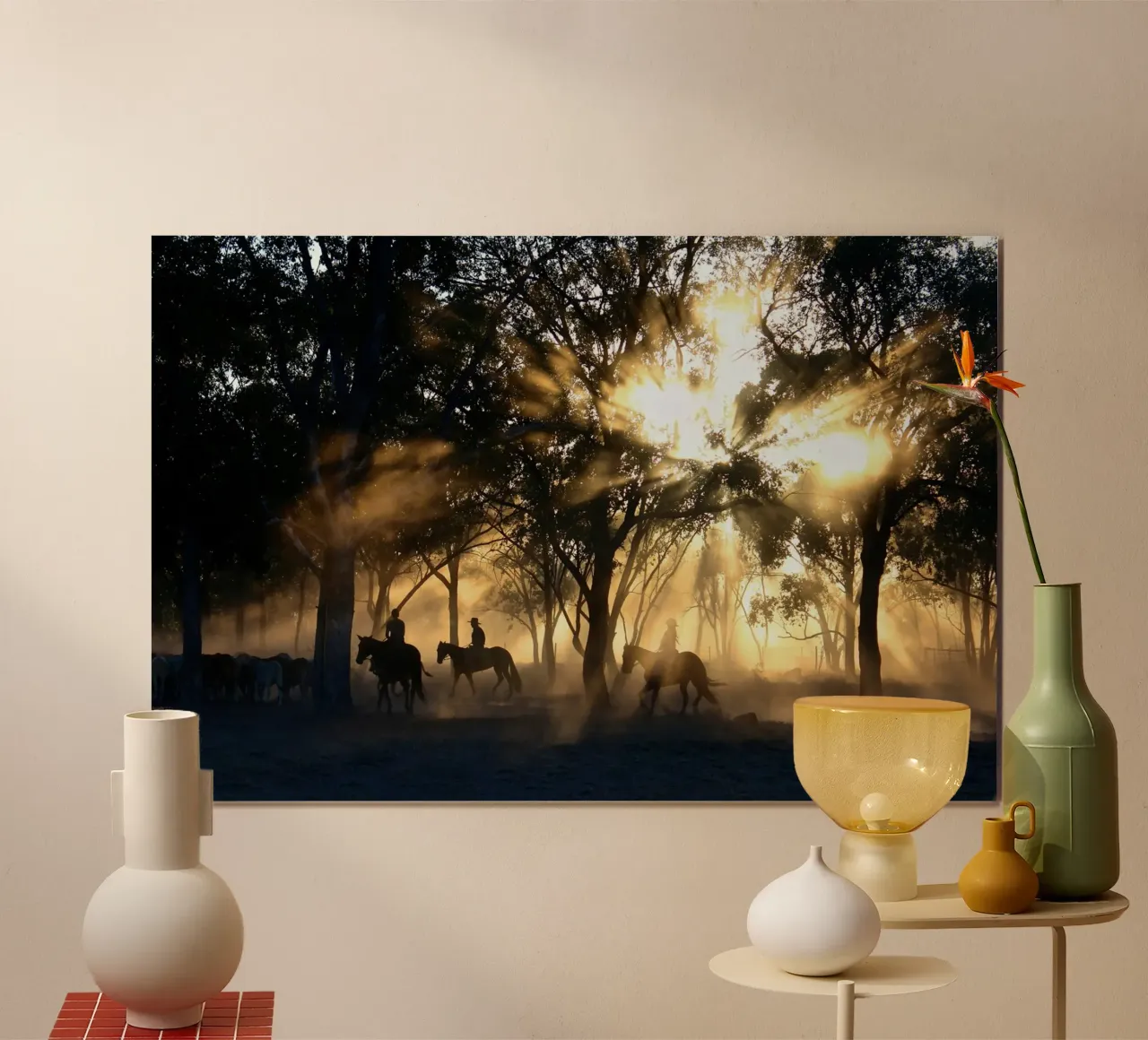 sunlight through trees and riders hahnemühle by Horsire