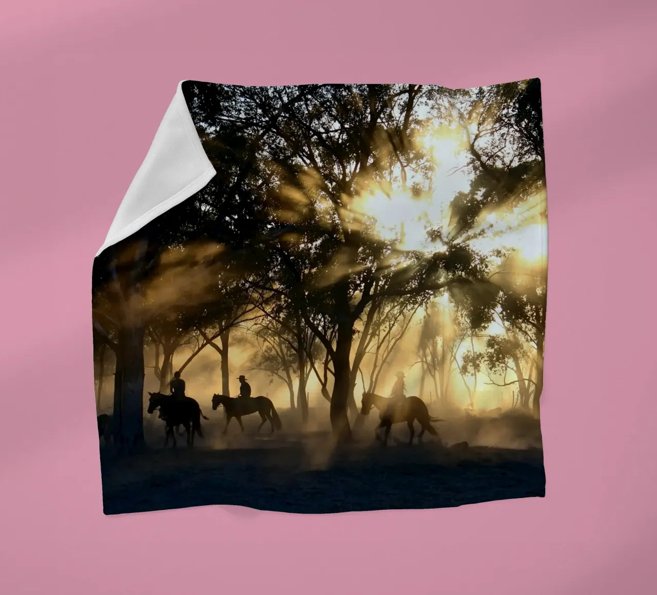 sunlight through trees and riders fleece blanket by Horsire