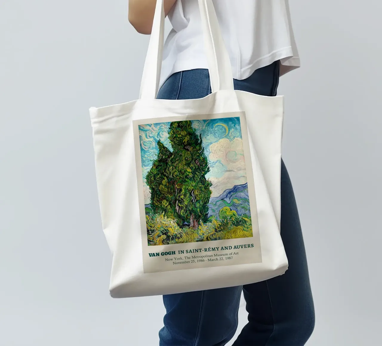 Vincent van Gogh Kunst Poster - Zwei Zypressen Jutebeutel von ashcraft shop