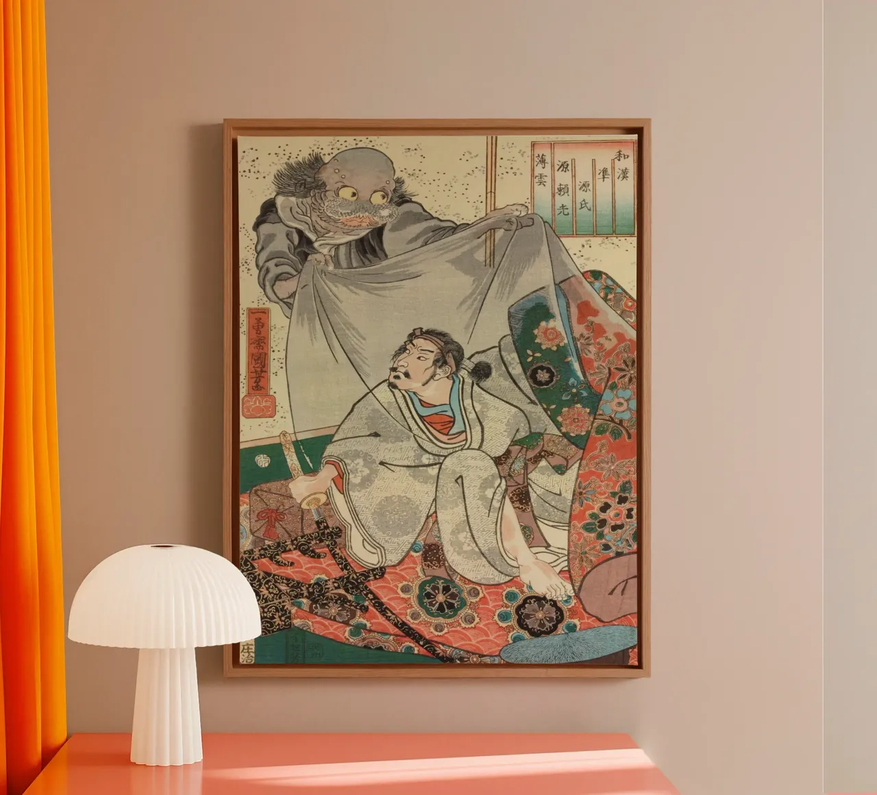 Fantôme attaquant un samouraï - Ancienne planche de bois japonaise Ukiyo-e toile avec Caisse américaine de Masterpieces Of Japanese Art