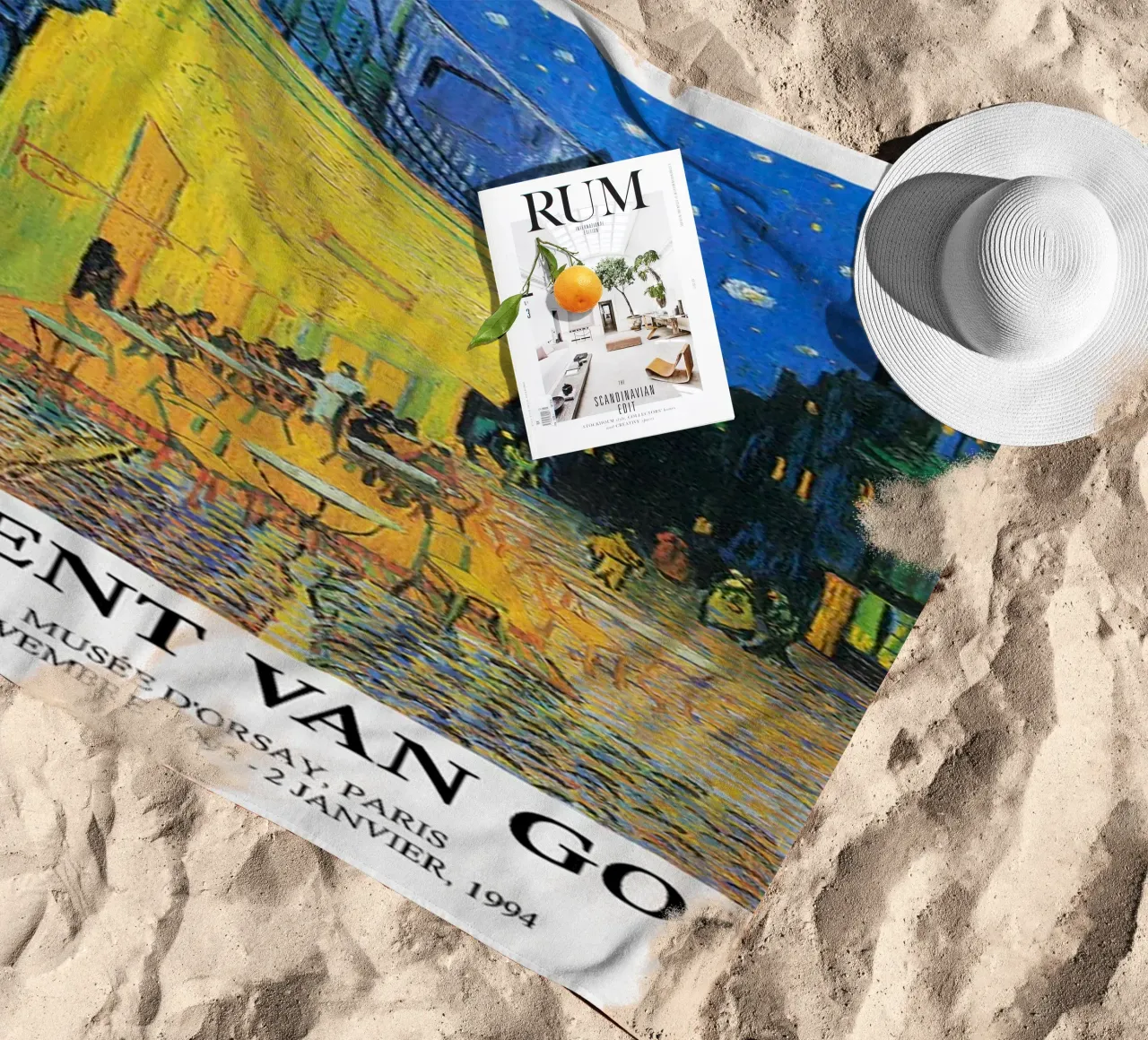Vincent van Gogh Exhibition Poster - Café Terrace at Night beach towel by ashcraft shop