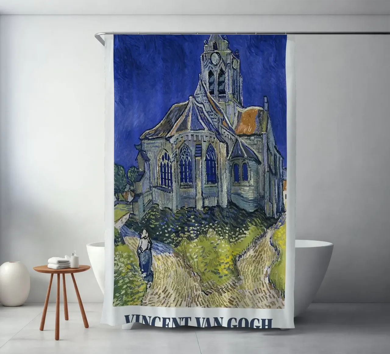 Vincent van Gogh Exhibition Poster - Church at Auvers shower curtain by ashcraft shop