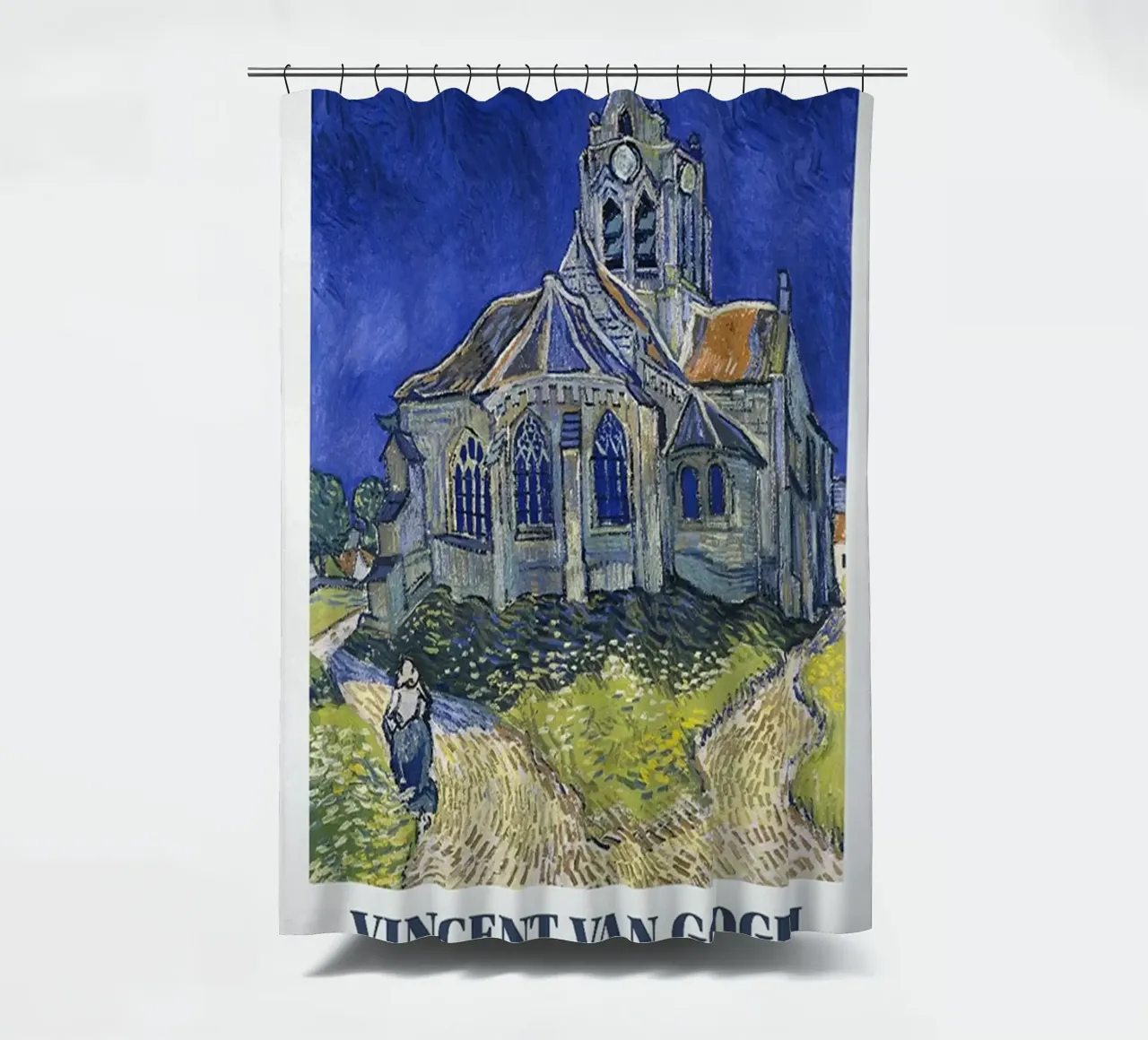 Vincent van Gogh Exhibition Poster - Church at Auvers shower curtain by ashcraft shop