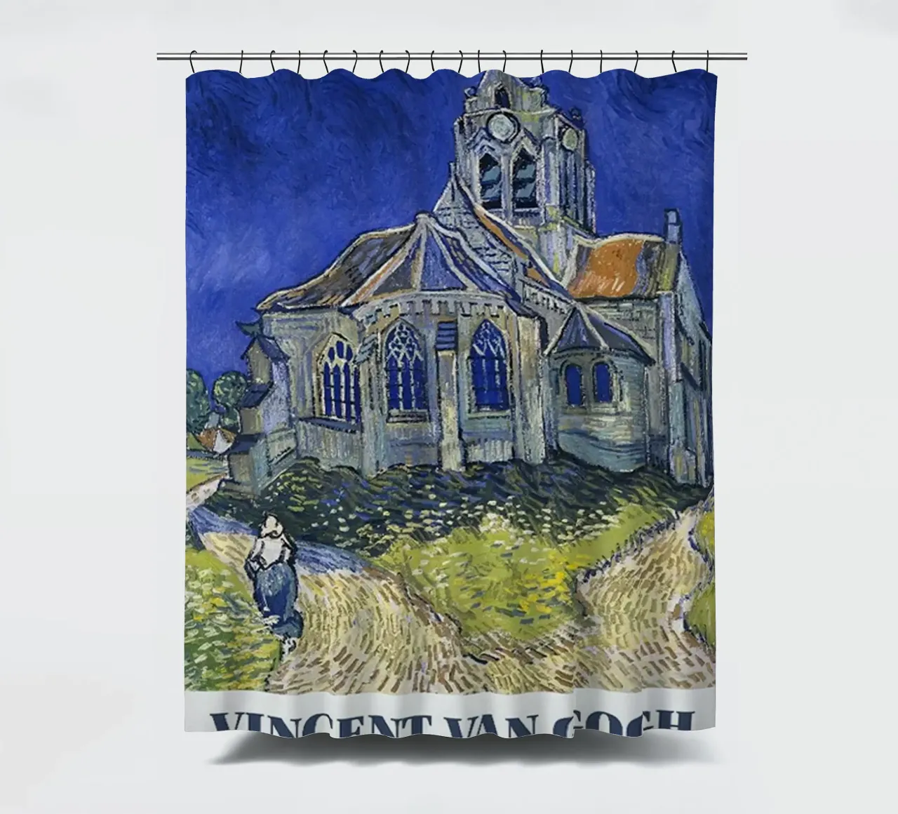 Vincent van Gogh Exhibition Poster - Church at Auvers shower curtain by ashcraft shop
