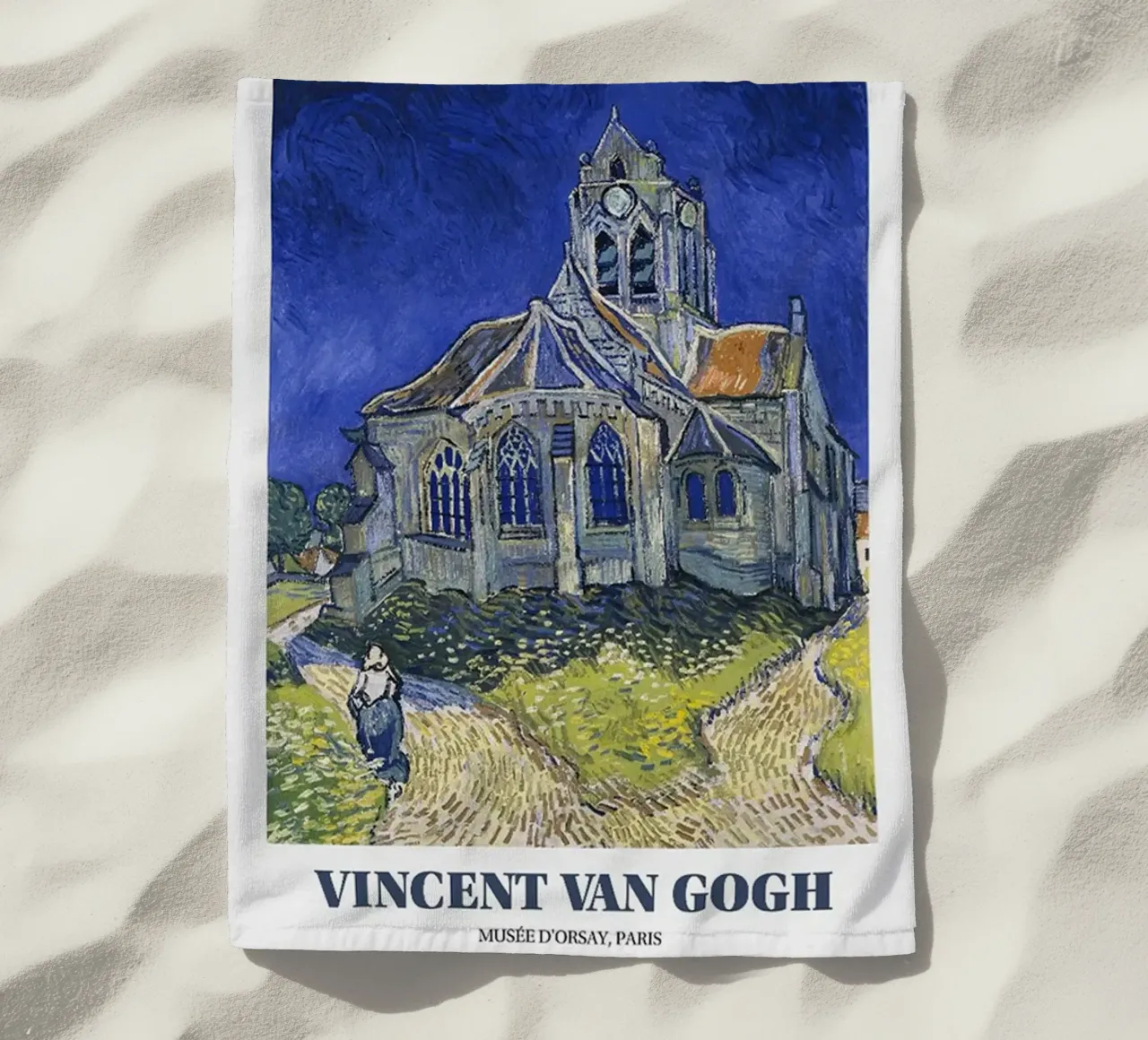 Vincent van Gogh Exhibition Poster - Church at Auvers beach towel by ashcraft shop