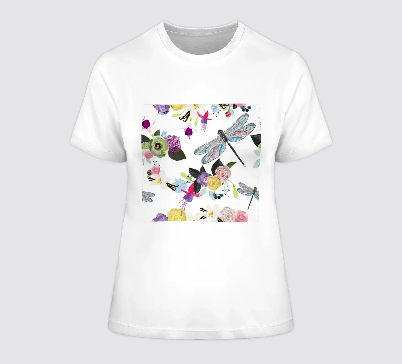 Fuchsia dragonfly vanilla flower women's fitted t-shirt by gulsengunel