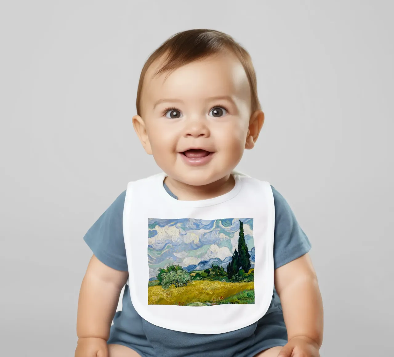 wheat field with pine trees baby bib by Piper Shop Oke