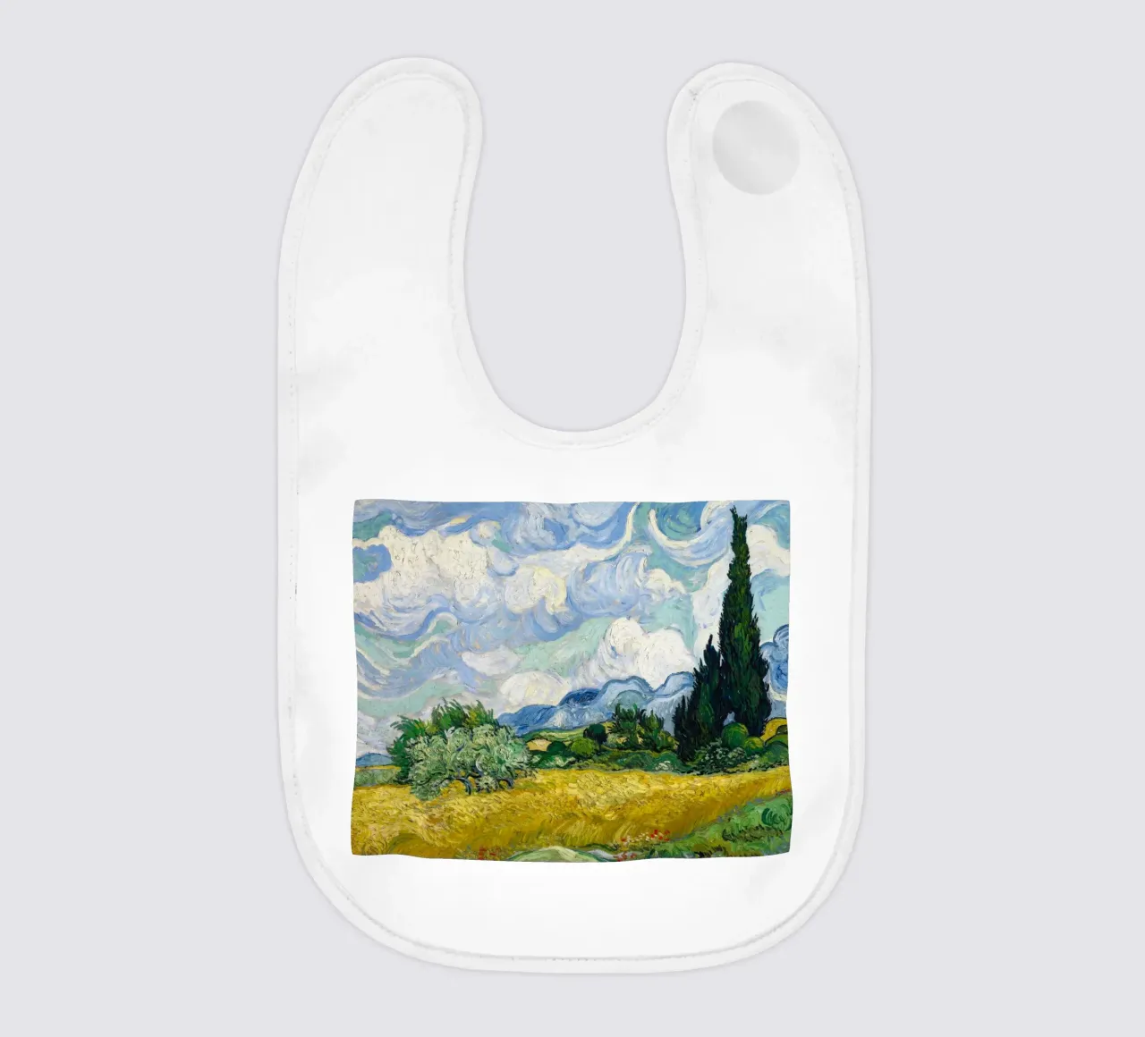 wheat field with pine trees baby bib by Piper Shop Oke