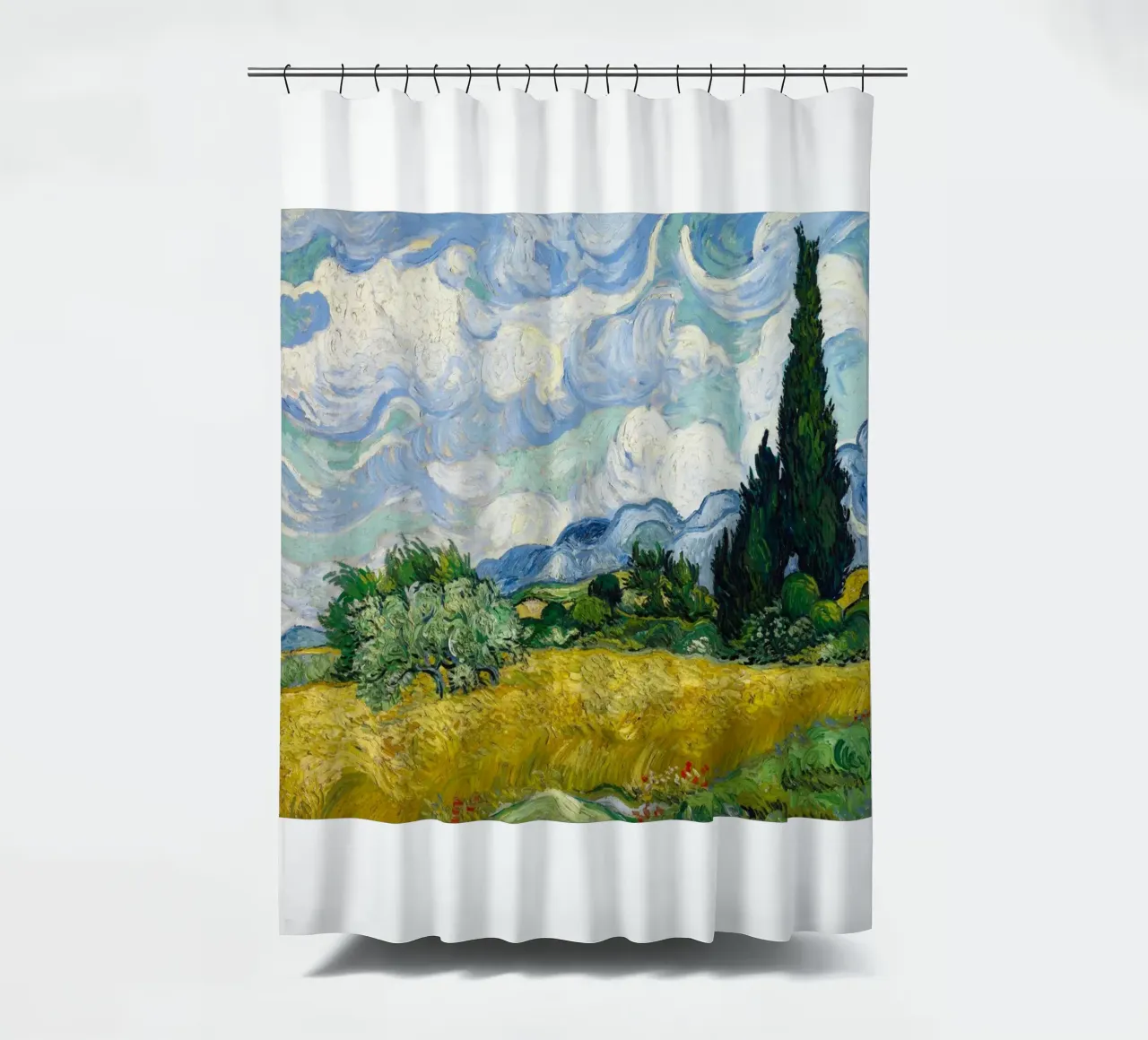 wheat field with pine trees shower curtain by Piper Shop Oke