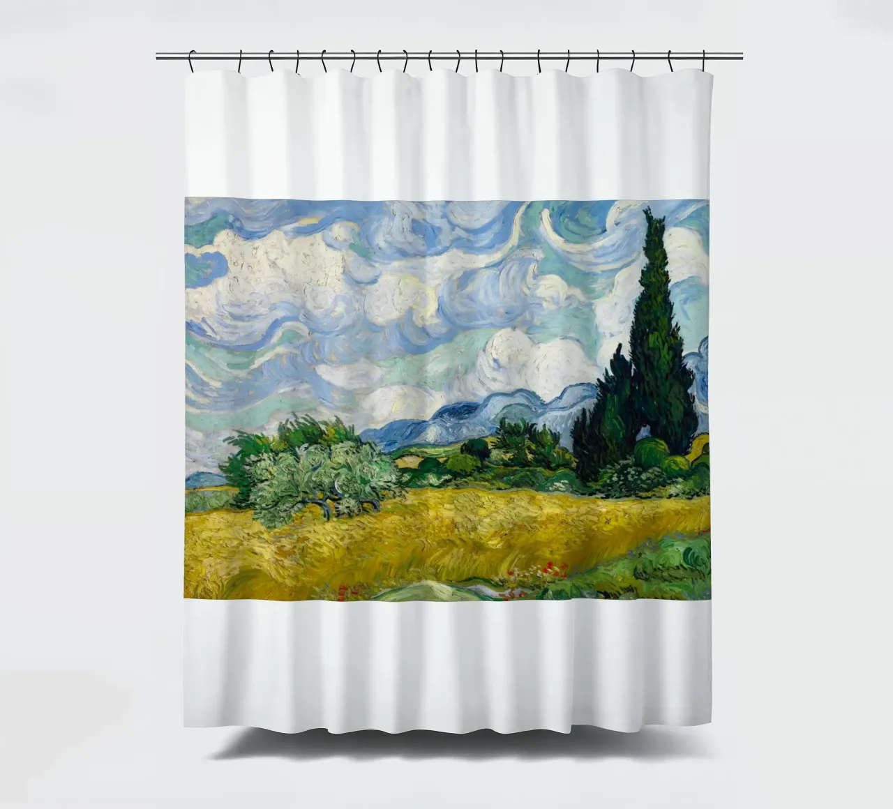 wheat field with pine trees shower curtain by Piper Shop Oke