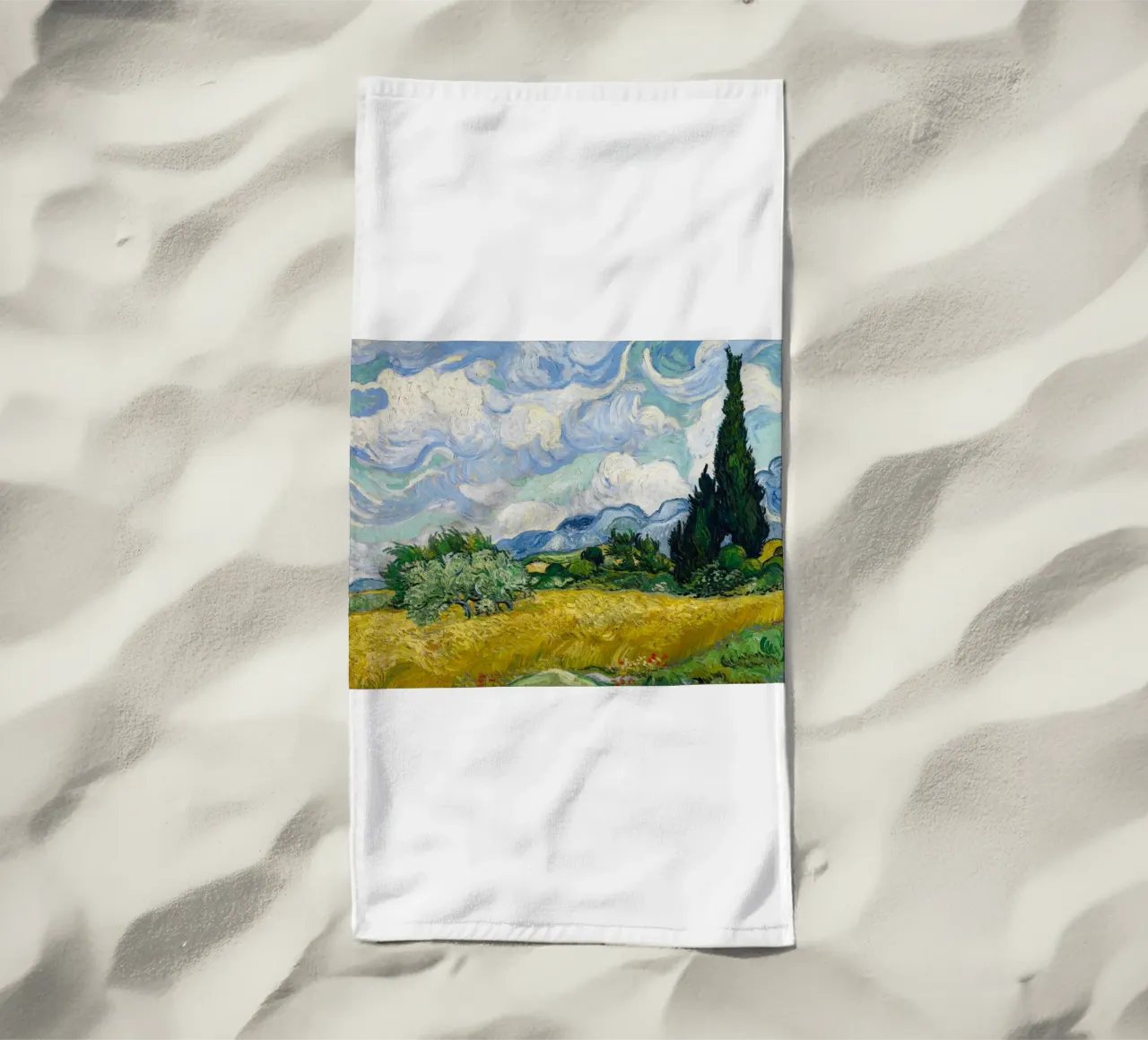wheat field with pine trees beach towel by Piper Shop Oke