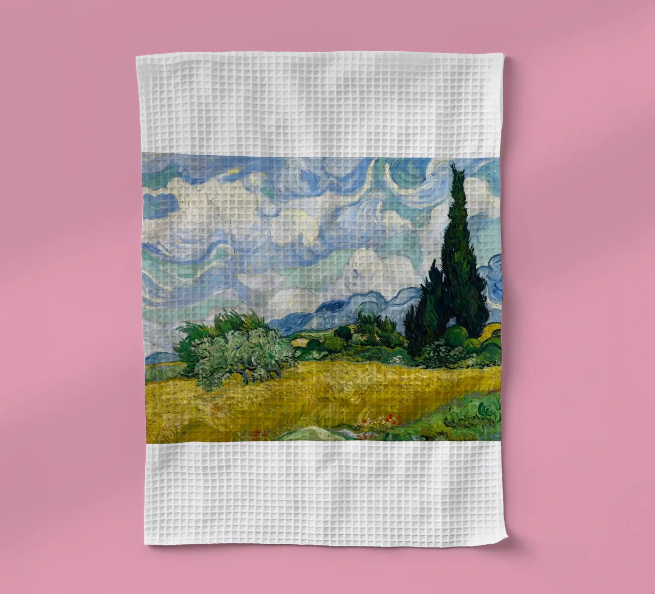 wheat field with pine trees tea towel by Piper Shop Oke