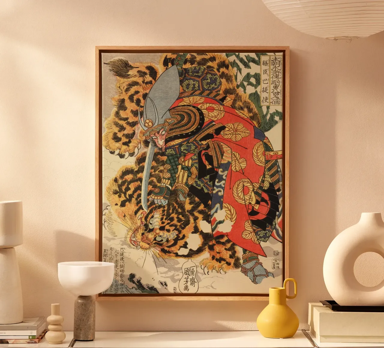 Samurai a caccia di leopardi - Woodblock Ukiyo-e giapponese d'epoca tela con Cornice a cassetta da Masterpieces Of Japanese Art