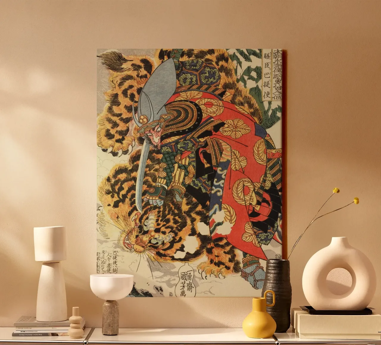 Samurai a caccia di leopardi - Woodblock Ukiyo-e giapponese d'epoca tela con Cornice a cassetta da Masterpieces Of Japanese Art