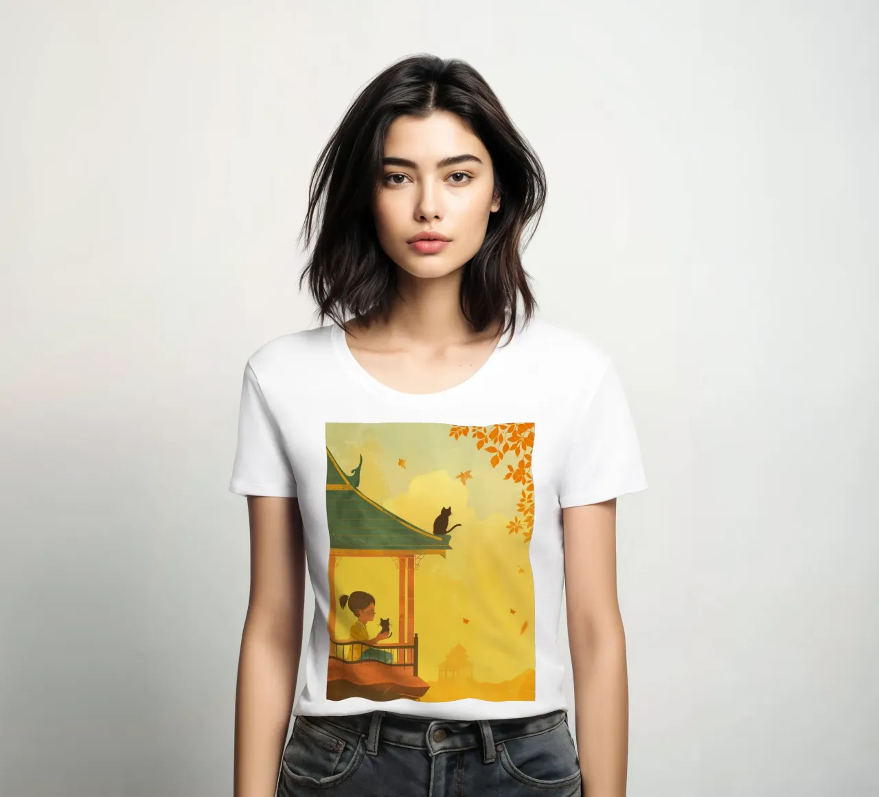 Een Birmaanse kat zit rustig bij zonsondergang en belichaamt rust dames t-shirt getailleerd van DesignDoodle