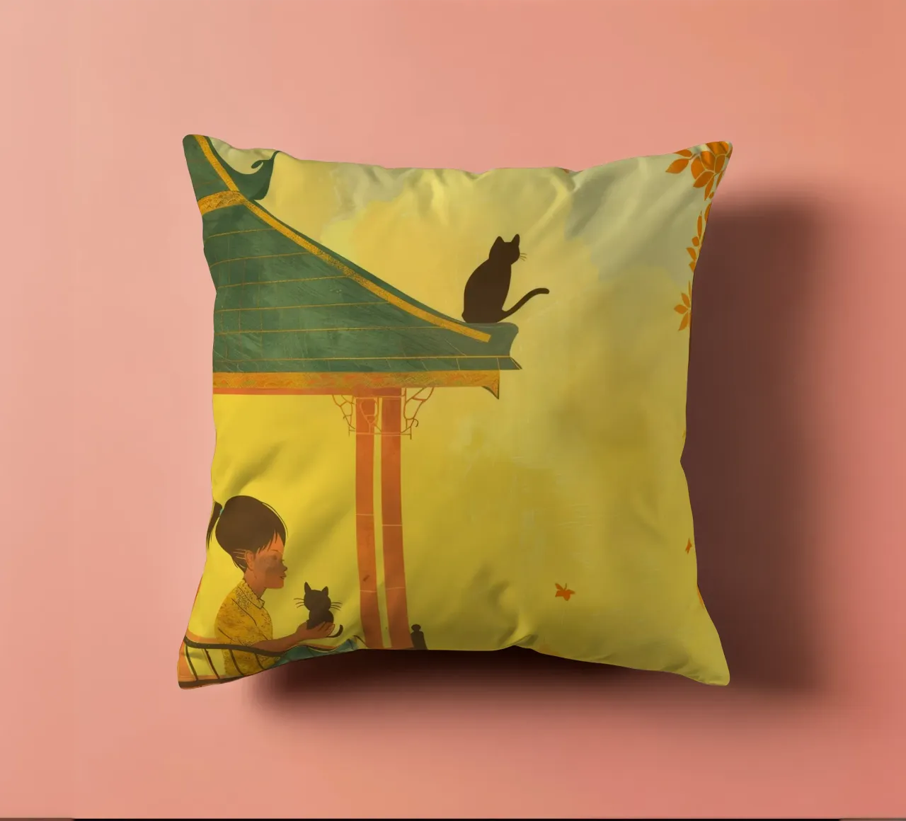 Un gatto birmano siede con calma al tramonto, incarnando la tranquillità cuscino da DesignDoodle