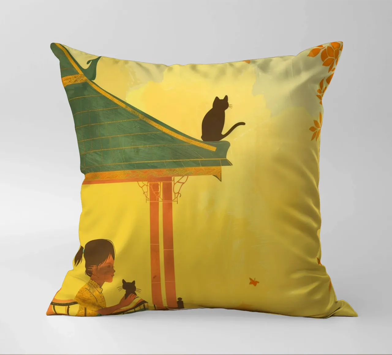 Un gatto birmano siede con calma al tramonto, incarnando la tranquillità cuscino da DesignDoodle