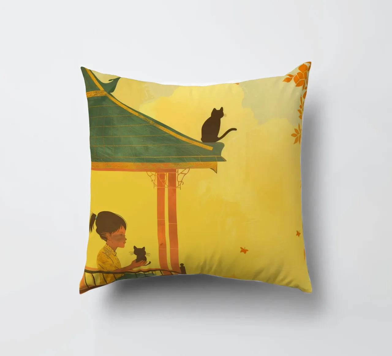 Un gatto birmano siede con calma al tramonto, incarnando la tranquillità cuscino da DesignDoodle