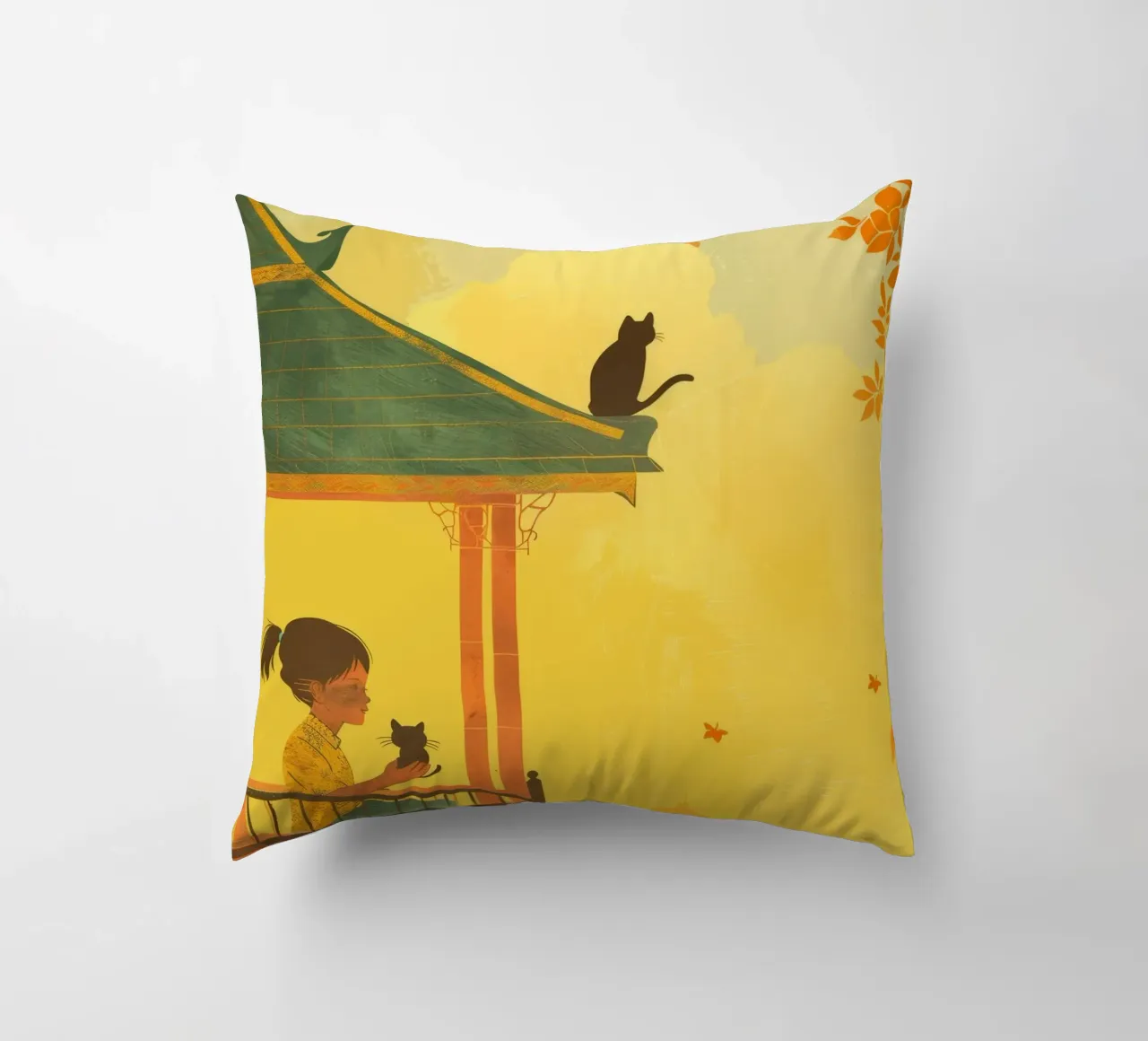 Un gatto birmano siede con calma al tramonto, incarnando la tranquillità cuscino da DesignDoodle