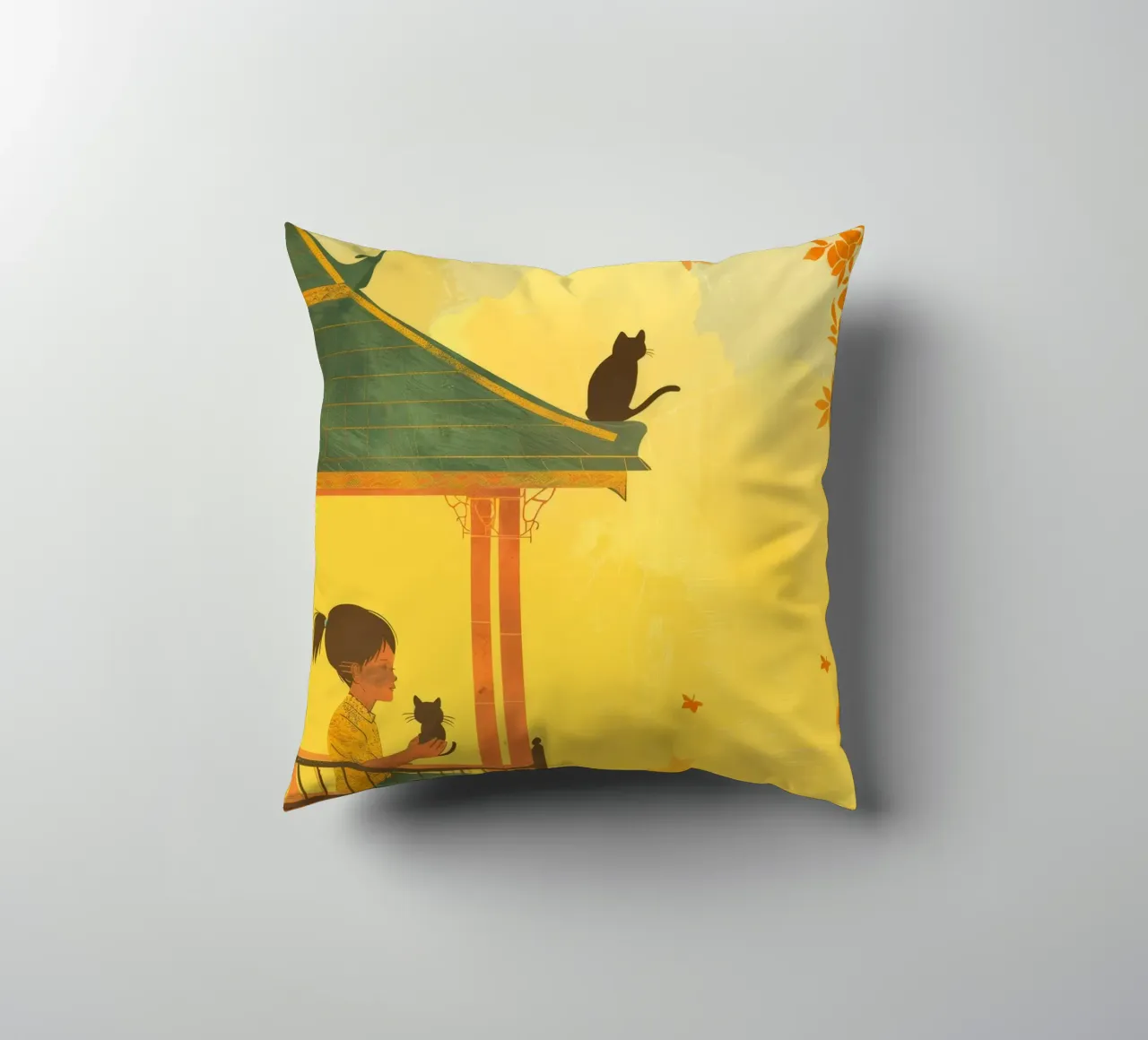 Un gatto birmano siede con calma al tramonto, incarnando la tranquillità cuscino da DesignDoodle