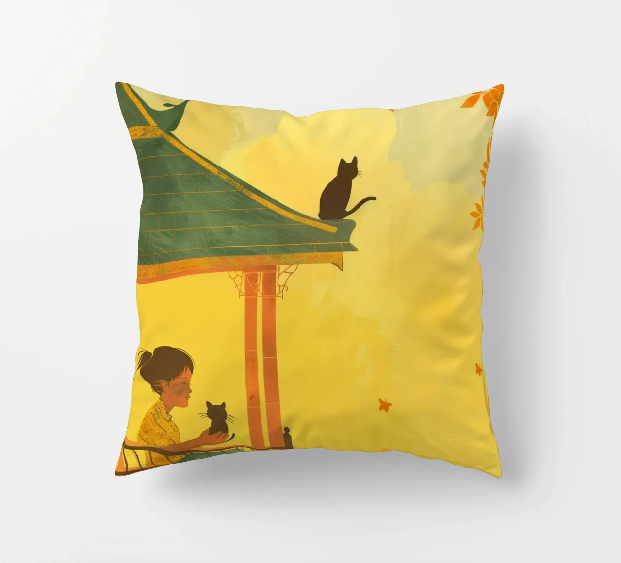 Un gatto birmano siede con calma al tramonto, incarnando la tranquillità cuscino da DesignDoodle