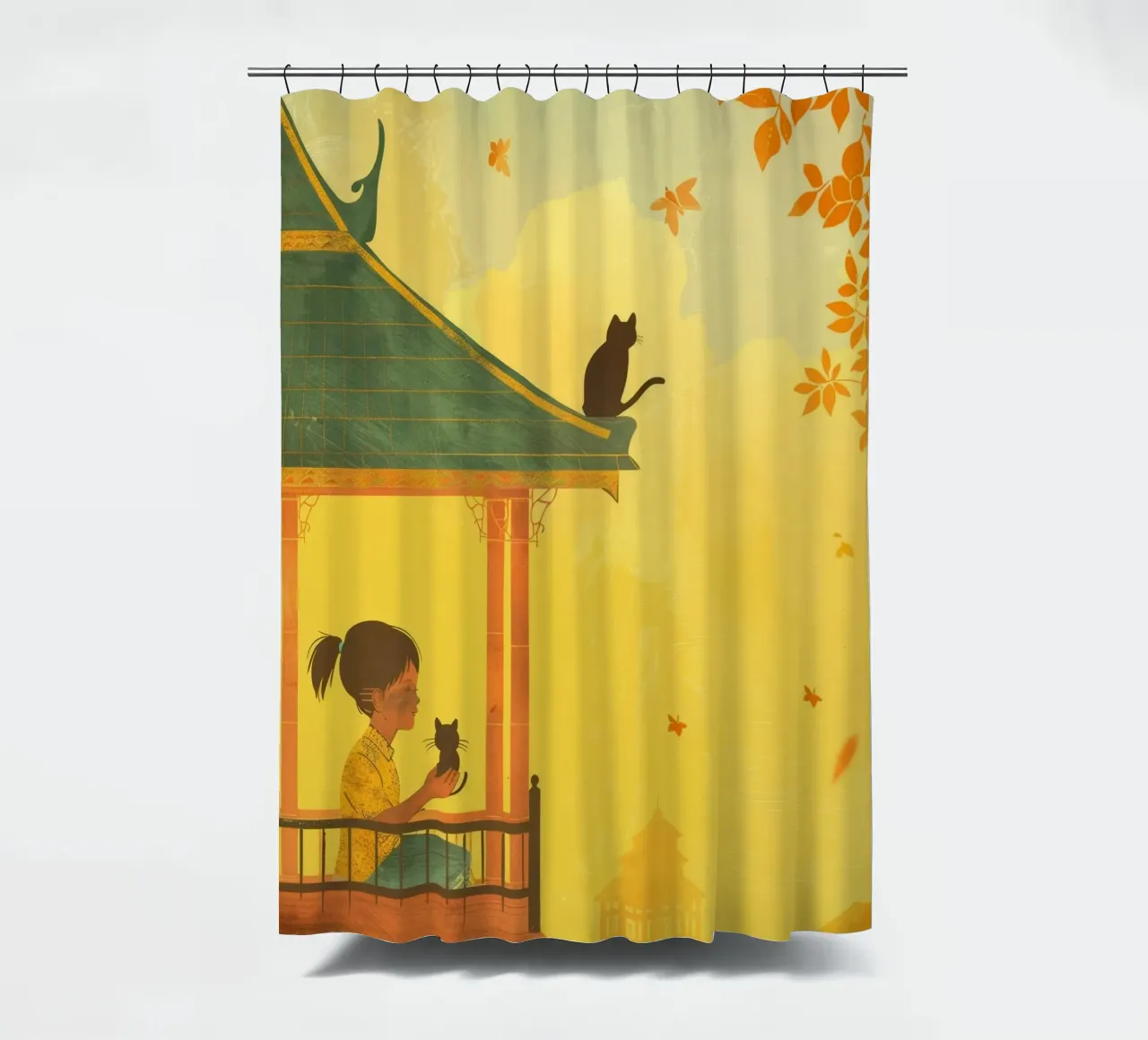 Un gatto birmano siede con calma al tramonto, incarnando la tranquillità tenda da doccia da DesignDoodle