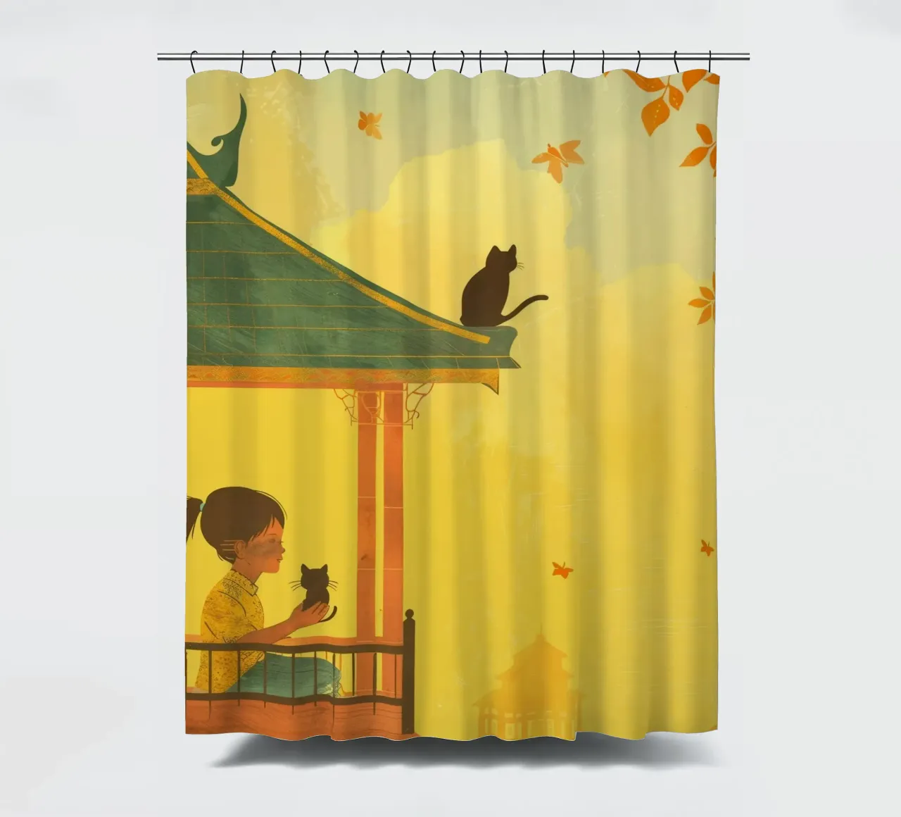 Un gatto birmano siede con calma al tramonto, incarnando la tranquillità tenda da doccia da DesignDoodle