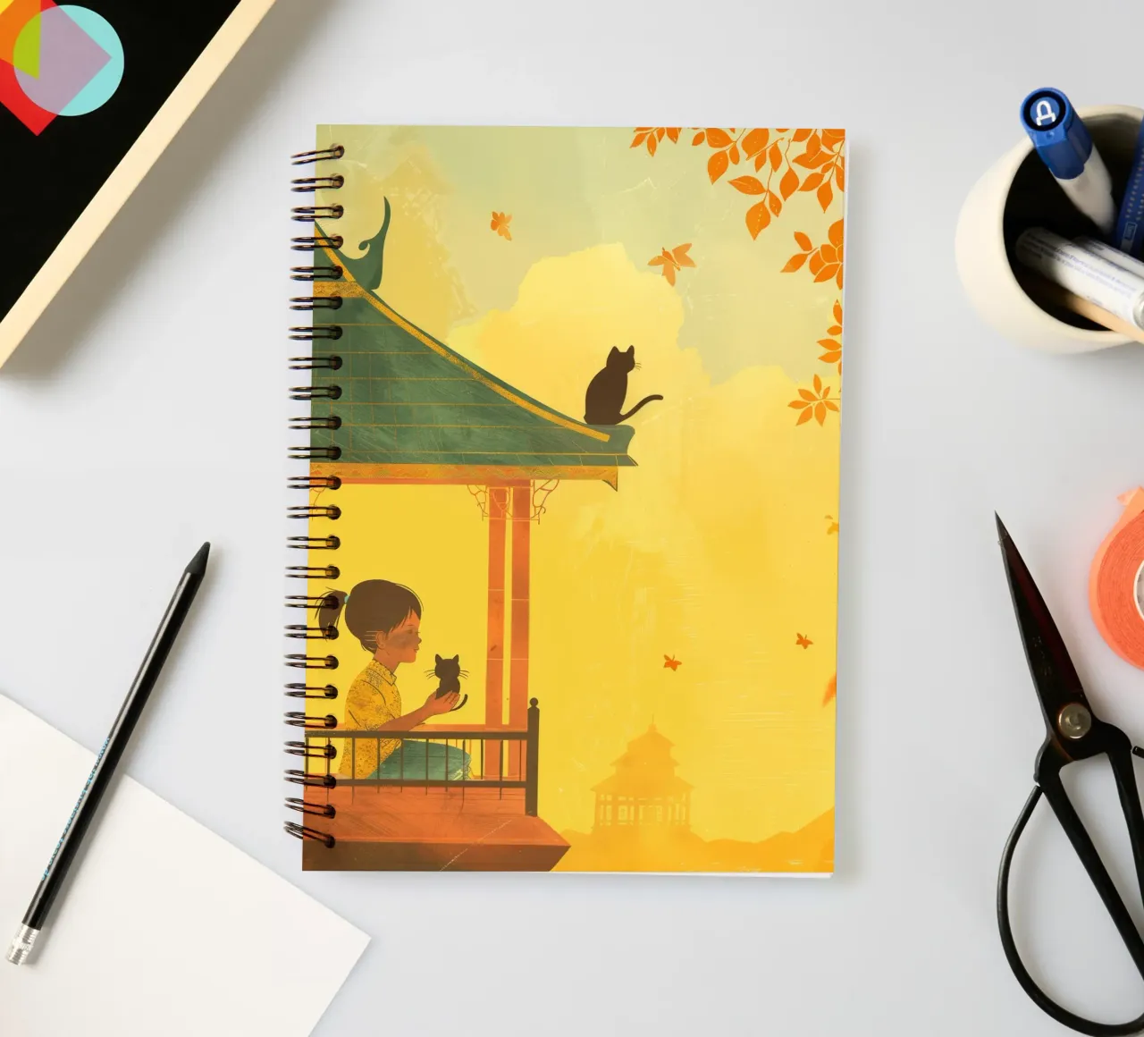 Un gatto birmano siede con calma al tramonto, incarnando la tranquillità diario ad anelli da DesignDoodle