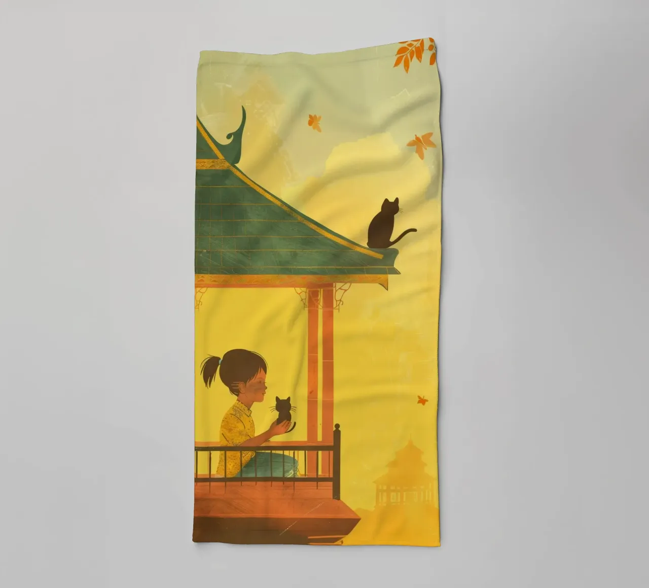 Un gatto birmano siede con calma al tramonto, incarnando la tranquillità asciugamano da bagno da DesignDoodle