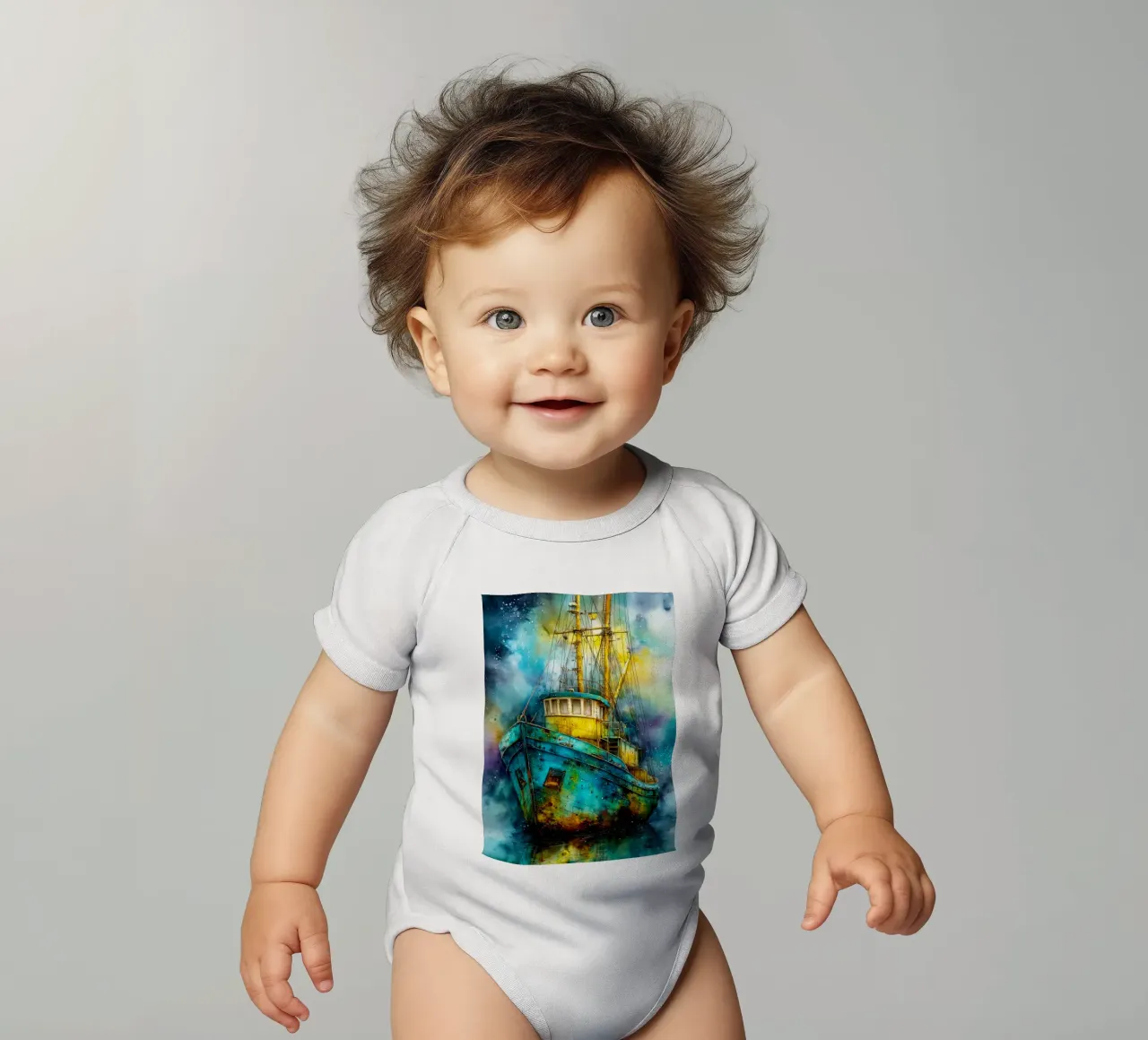Fishing boat short-sleeve baby romper by Justyna Jaszke JBJart