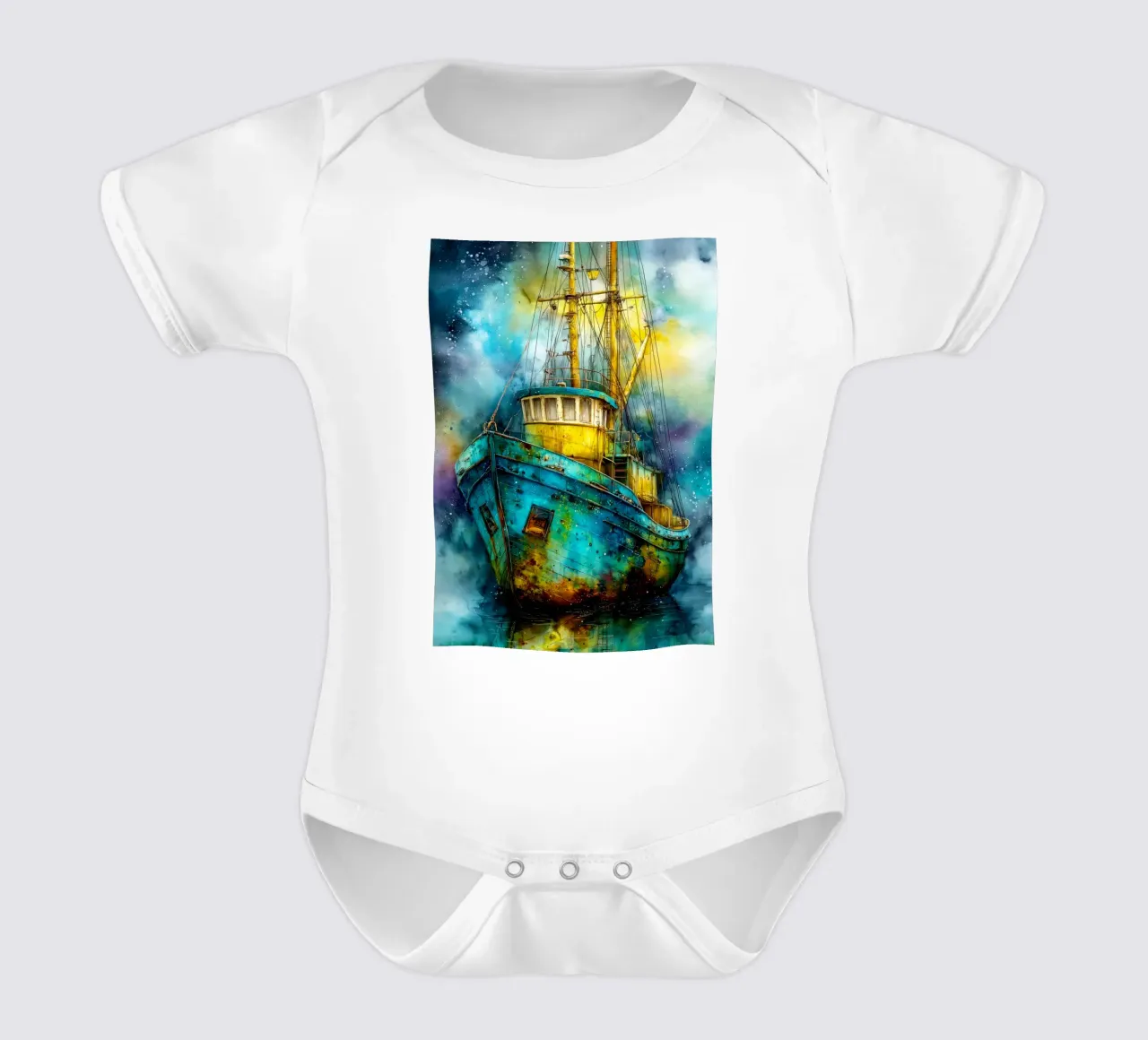 Fishing boat short-sleeve baby romper by Justyna Jaszke JBJart