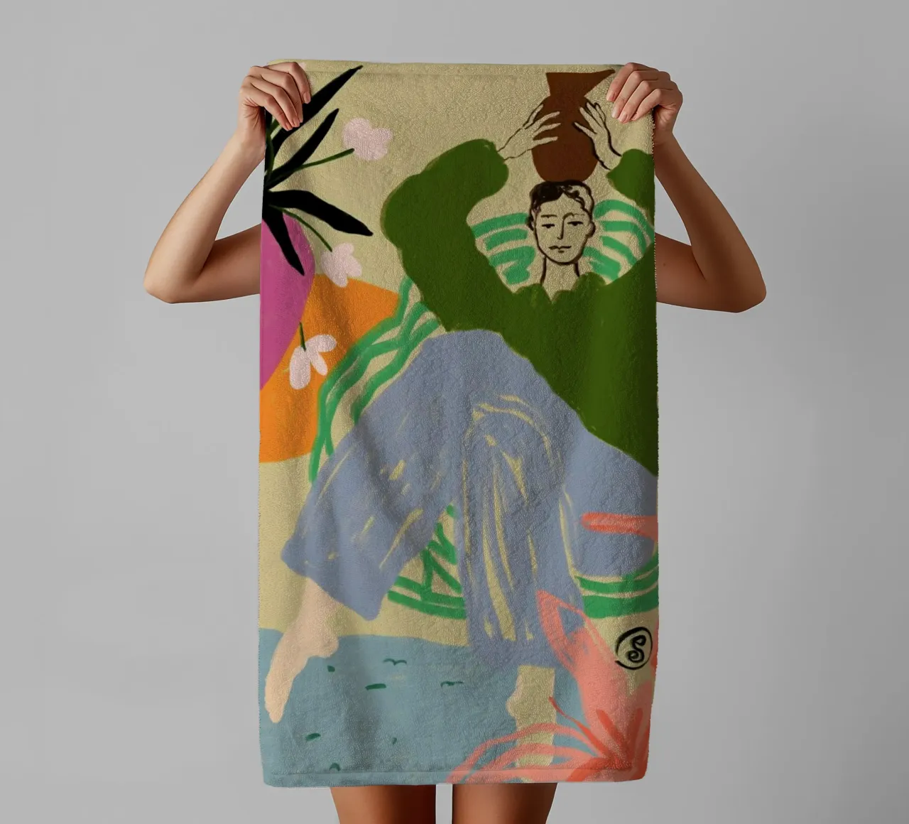 Woman With Vessel towel by Sandra Poliakov