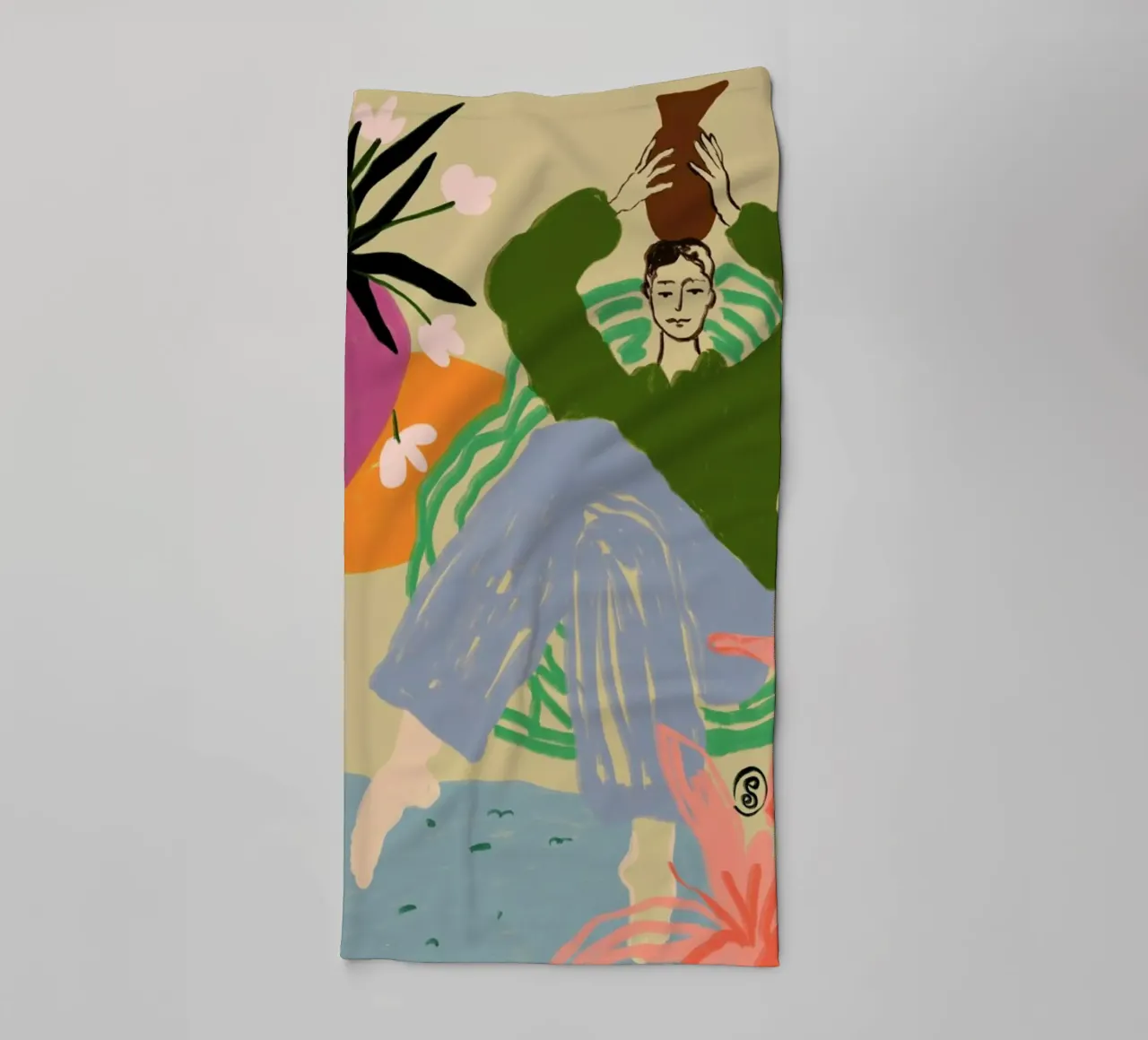 Woman With Vessel towel by Sandra Poliakov