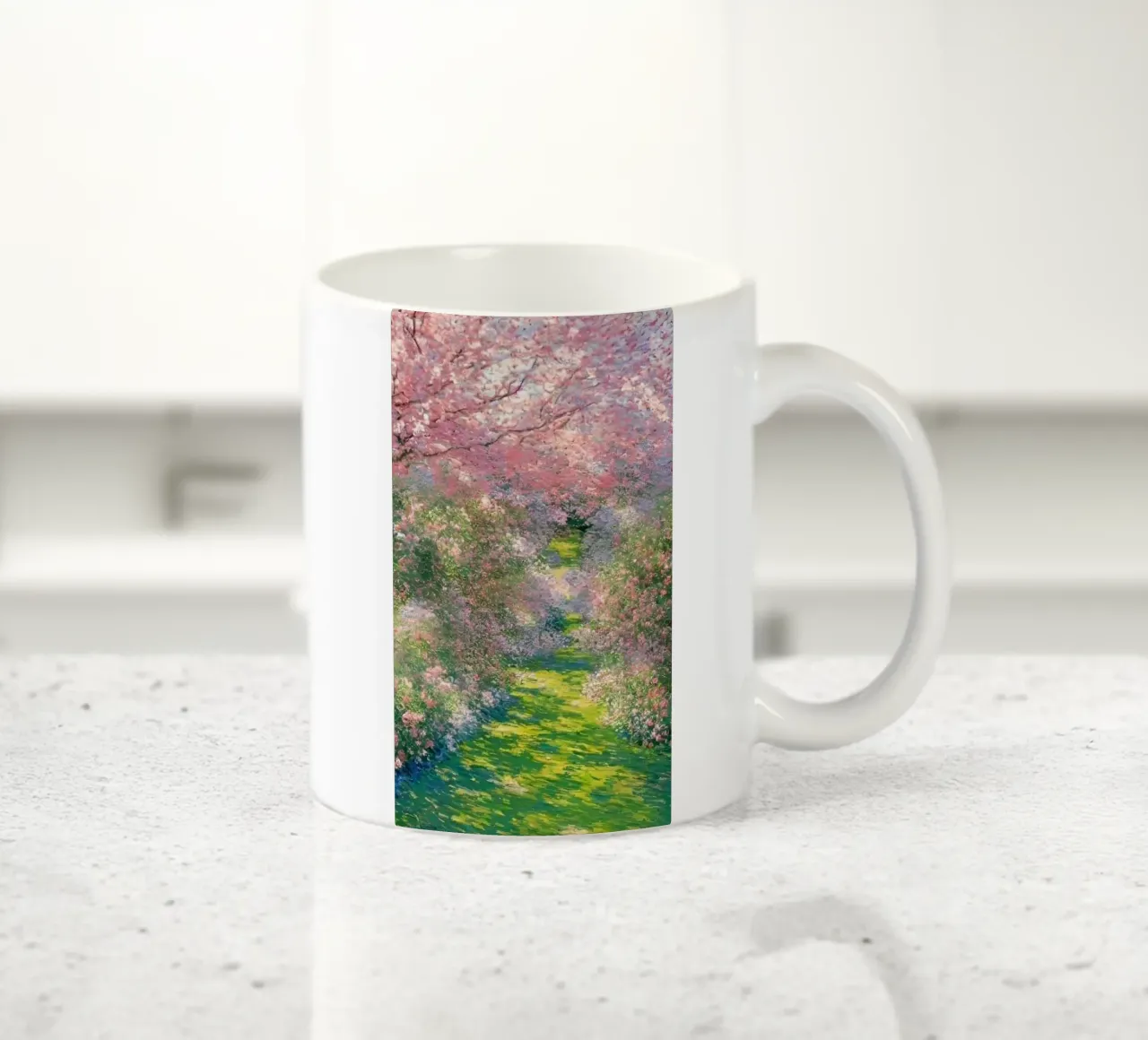 giardino con alberi a fiori rosa e sentieri per passeggiate tazza in ceramica da SMG Store