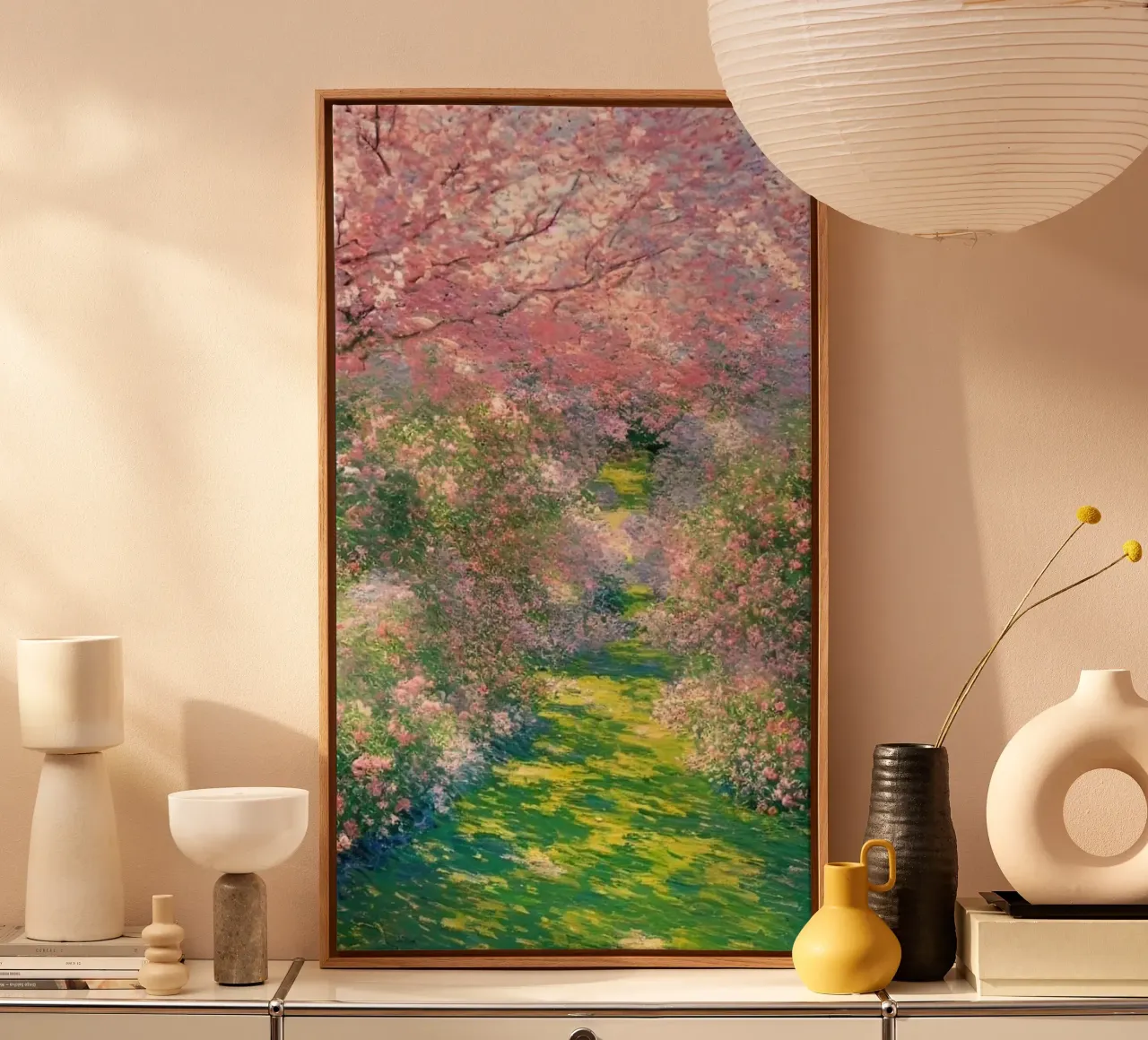 giardino con alberi a fiori rosa e sentieri per passeggiate tela da SMG Store