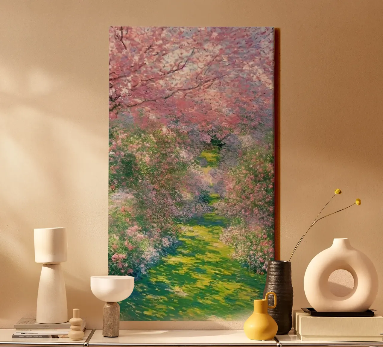 giardino con alberi a fiori rosa e sentieri per passeggiate tela da SMG Store