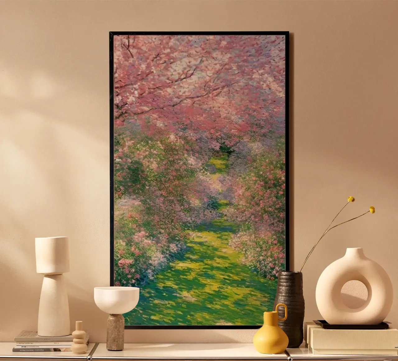 giardino con alberi a fiori rosa e sentieri per passeggiate carta hahnemühle da SMG Store