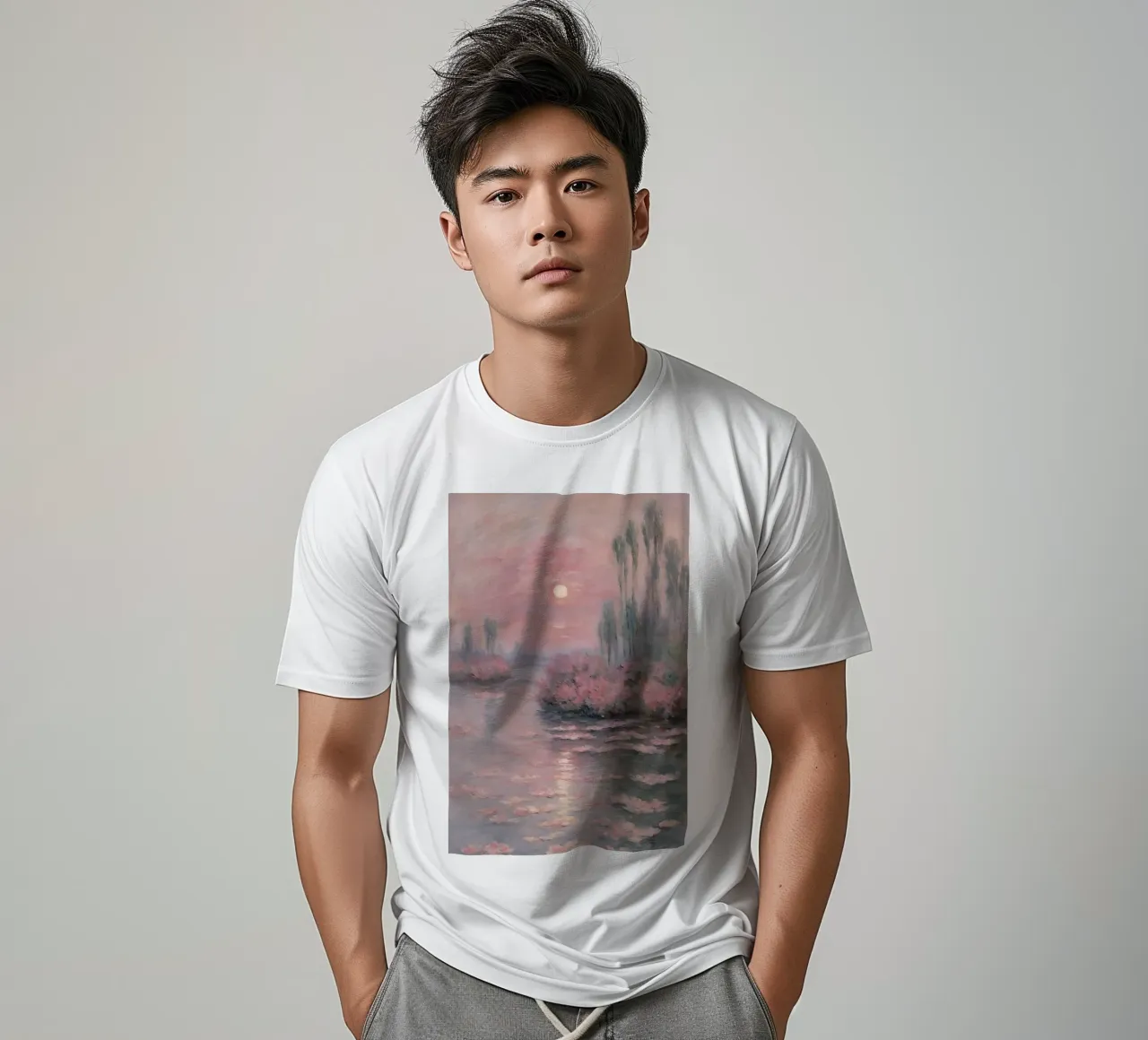 sunset over the water with trees and bushes surrounding it t-shirt by SMG Store