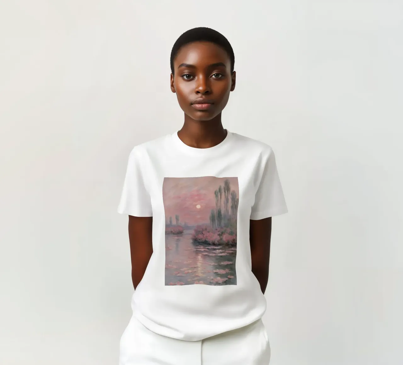 sunset over the water with trees and bushes surrounding it t-shirt by SMG Store