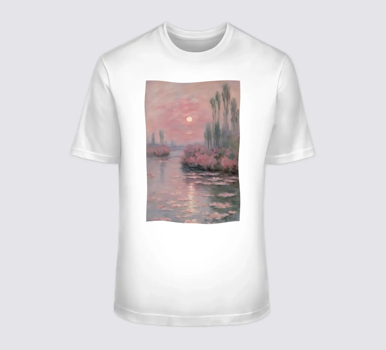 sunset over the water with trees and bushes surrounding it t-shirt by SMG Store