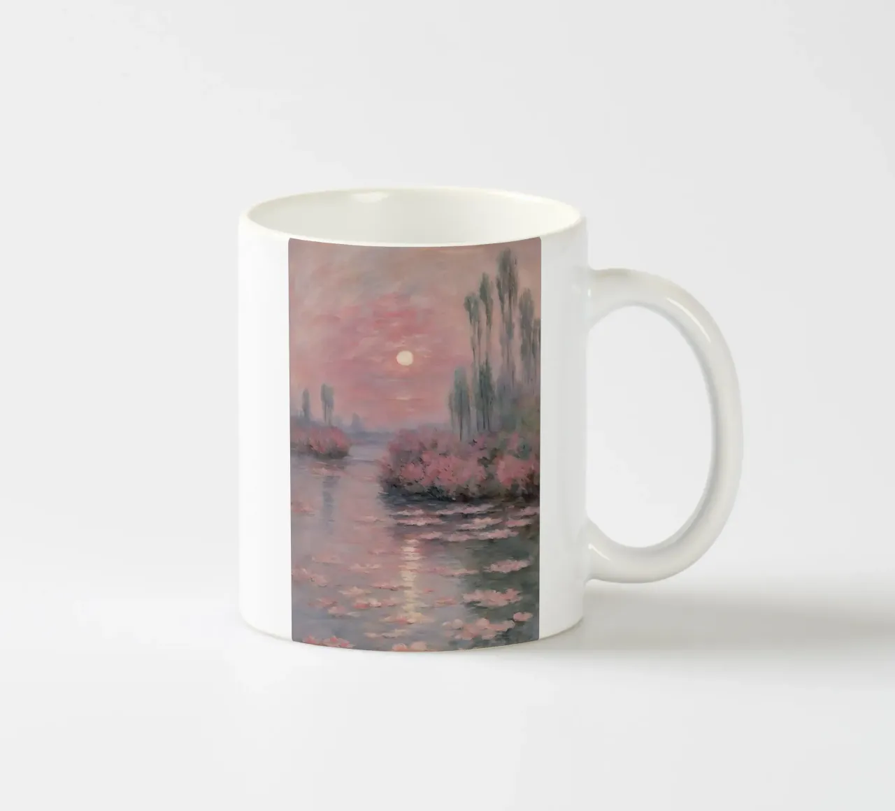 sunset over the water with trees and bushes surrounding it ceramic mug by SMG Store