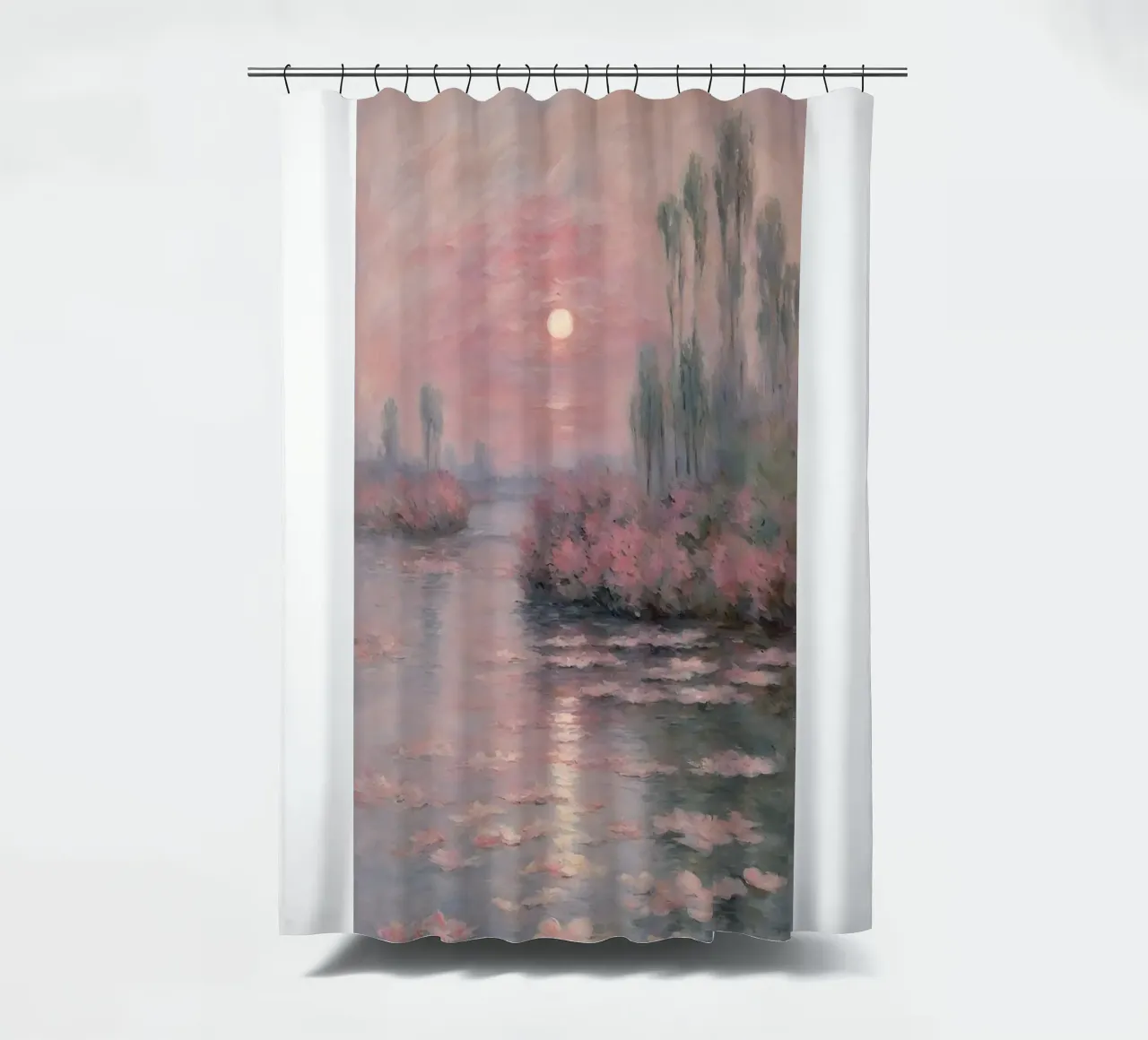 sunset over the water with trees and bushes surrounding it shower curtain by SMG Store