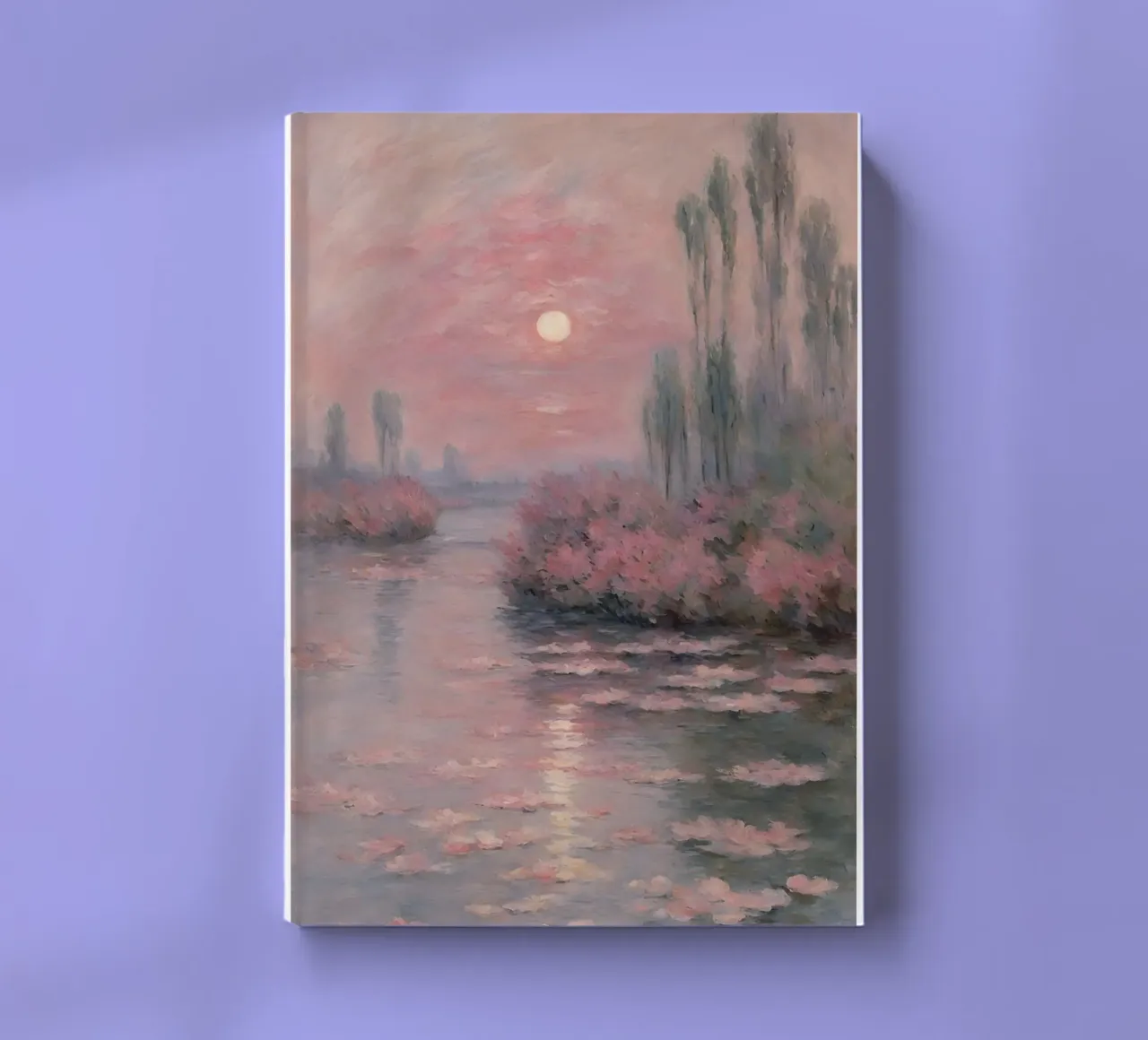 sunset over the water with trees and bushes surrounding it notebook by SMG Store
