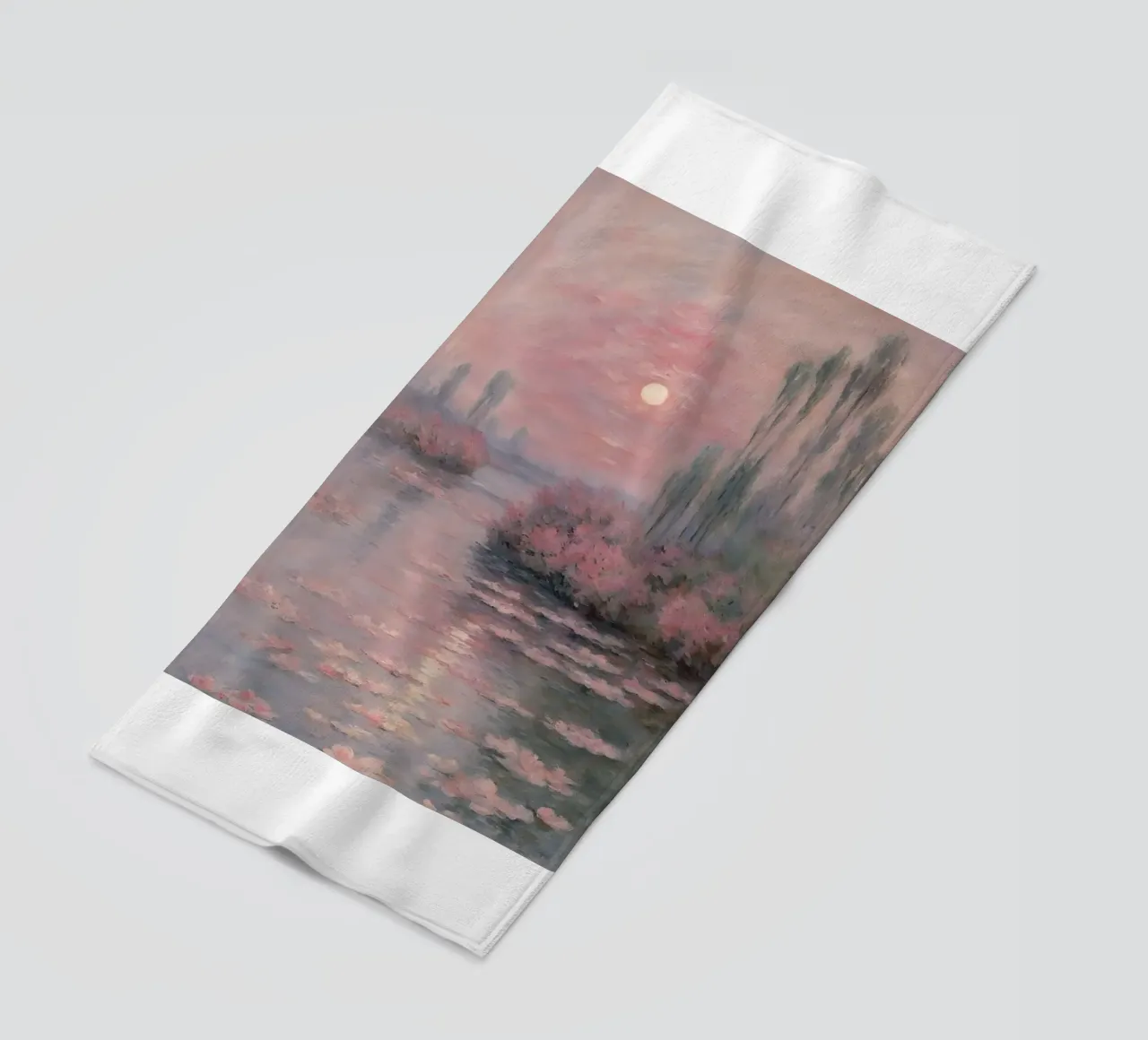 sunset over the water with trees and bushes surrounding it beach towel by SMG Store
