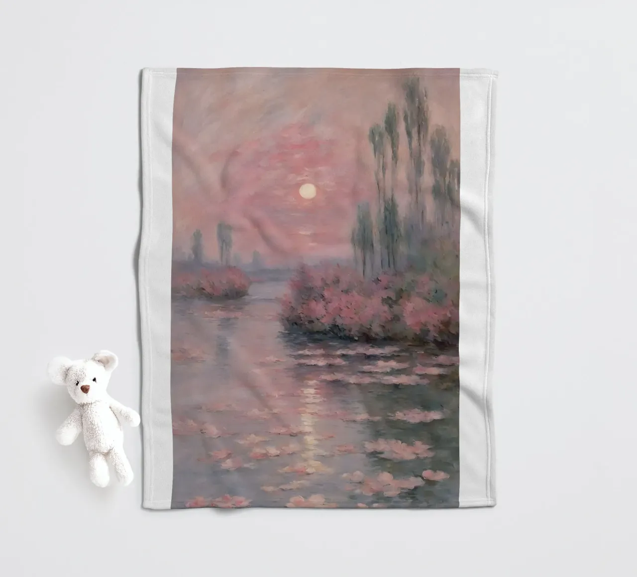 sunset over the water with trees and bushes surrounding it fleece blanket by SMG Store
